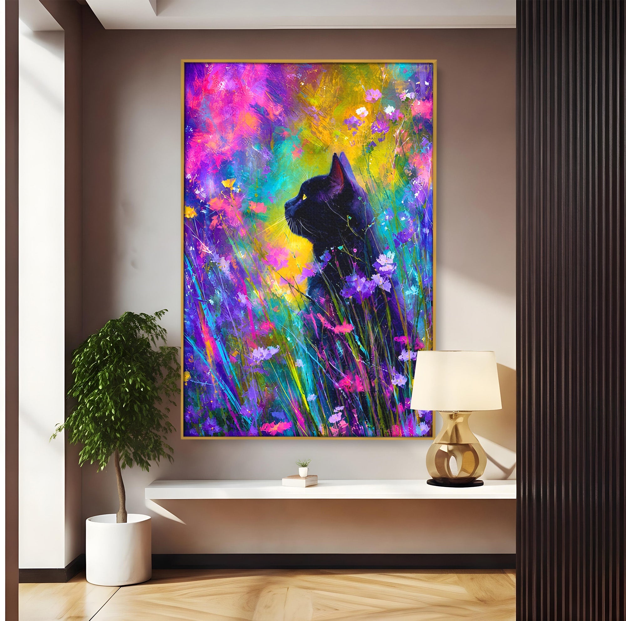 Tablou Canvas Premium LuxCanva® M1550, Pisica In Campul De Flori, Pisica, Flori, Natura, Vibrant, Living, Culori Vibrante