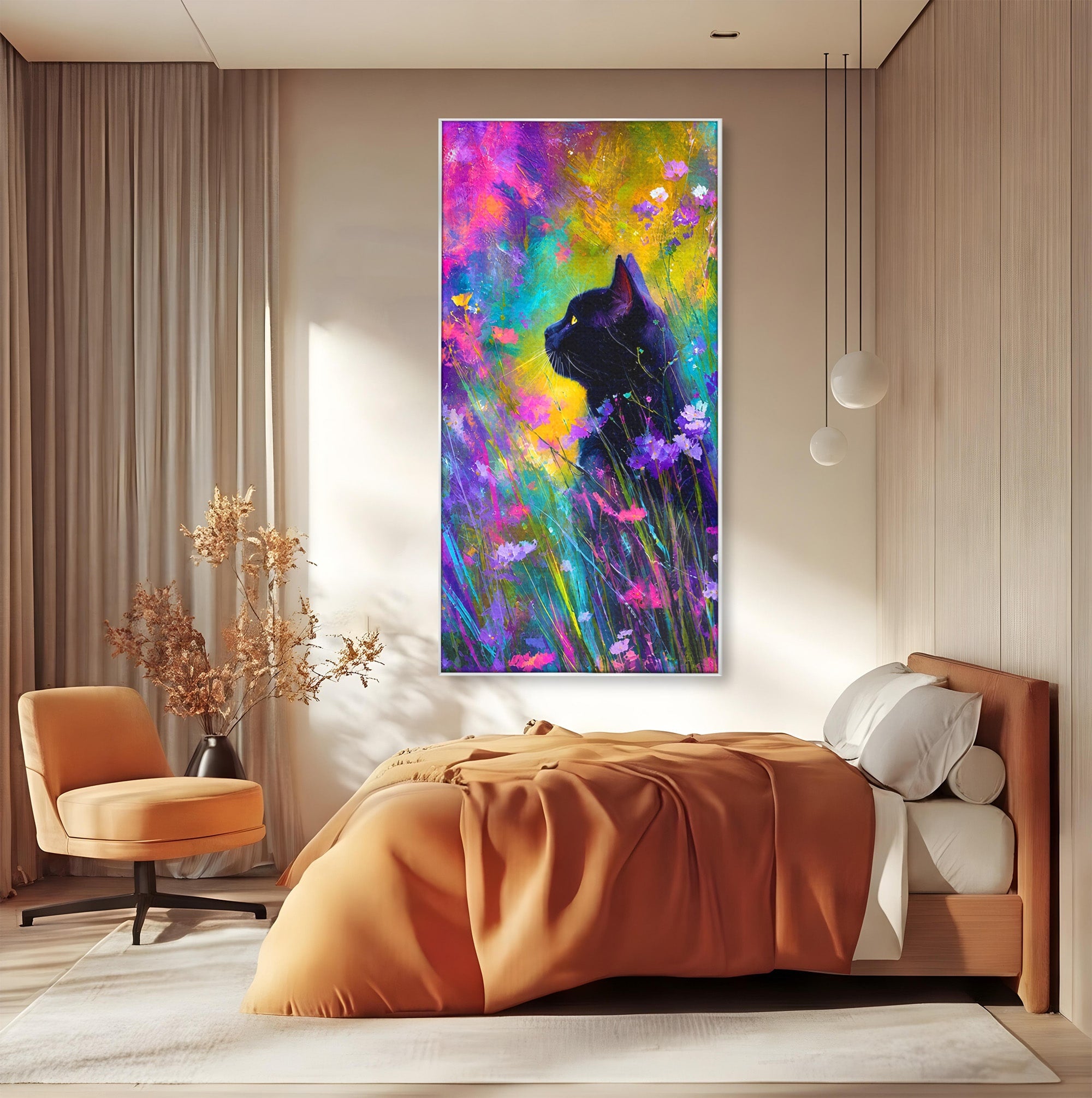 Tablou Canvas Premium LuxCanva® M1550, Pisica In Campul De Flori, Pisica, Flori, Natura, Vibrant, Living, Culori Vibrante