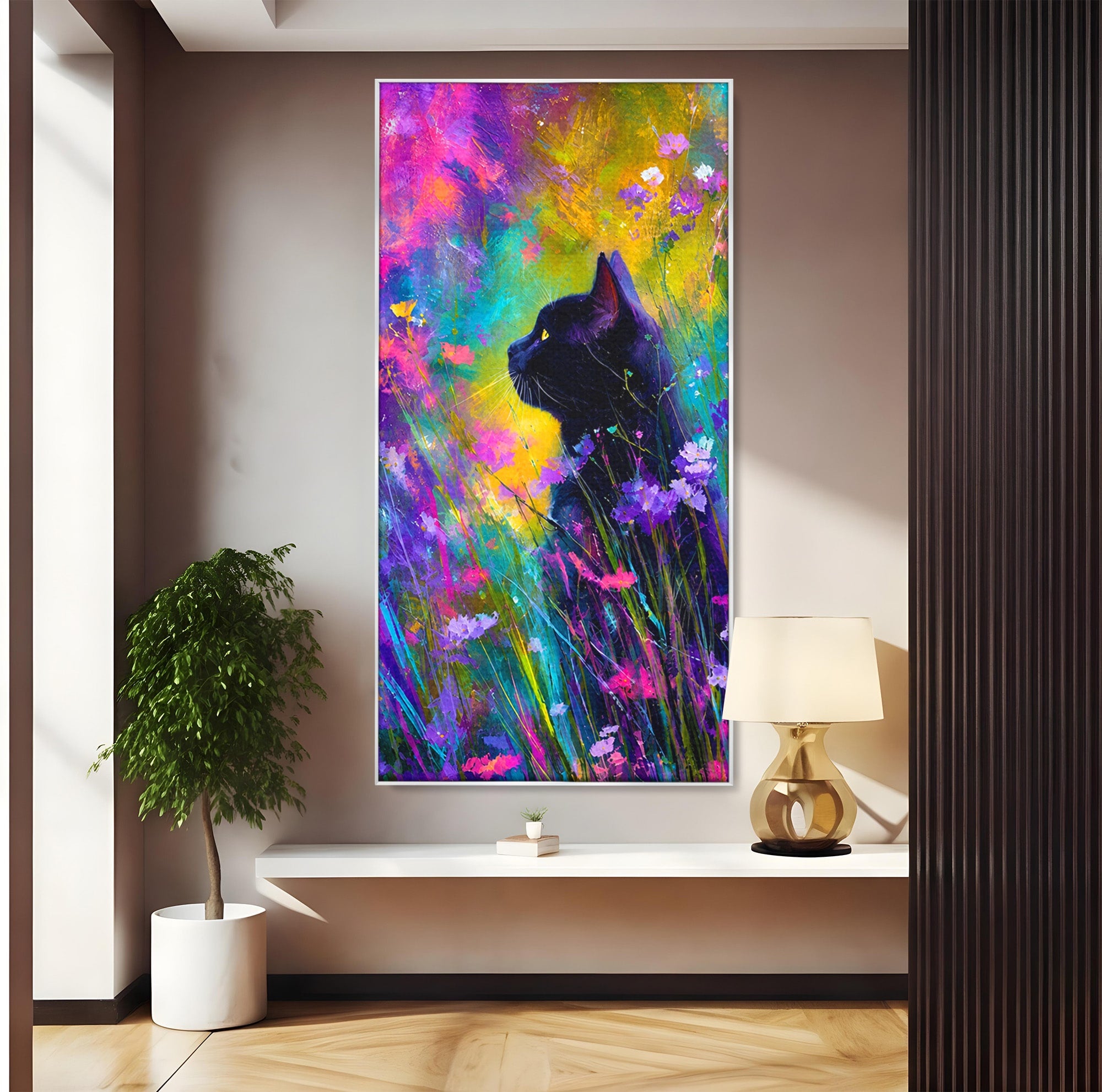 Tablou Canvas Premium LuxCanva® M1550, Pisica In Campul De Flori, Pisica, Flori, Natura, Vibrant, Living, Culori Vibrante