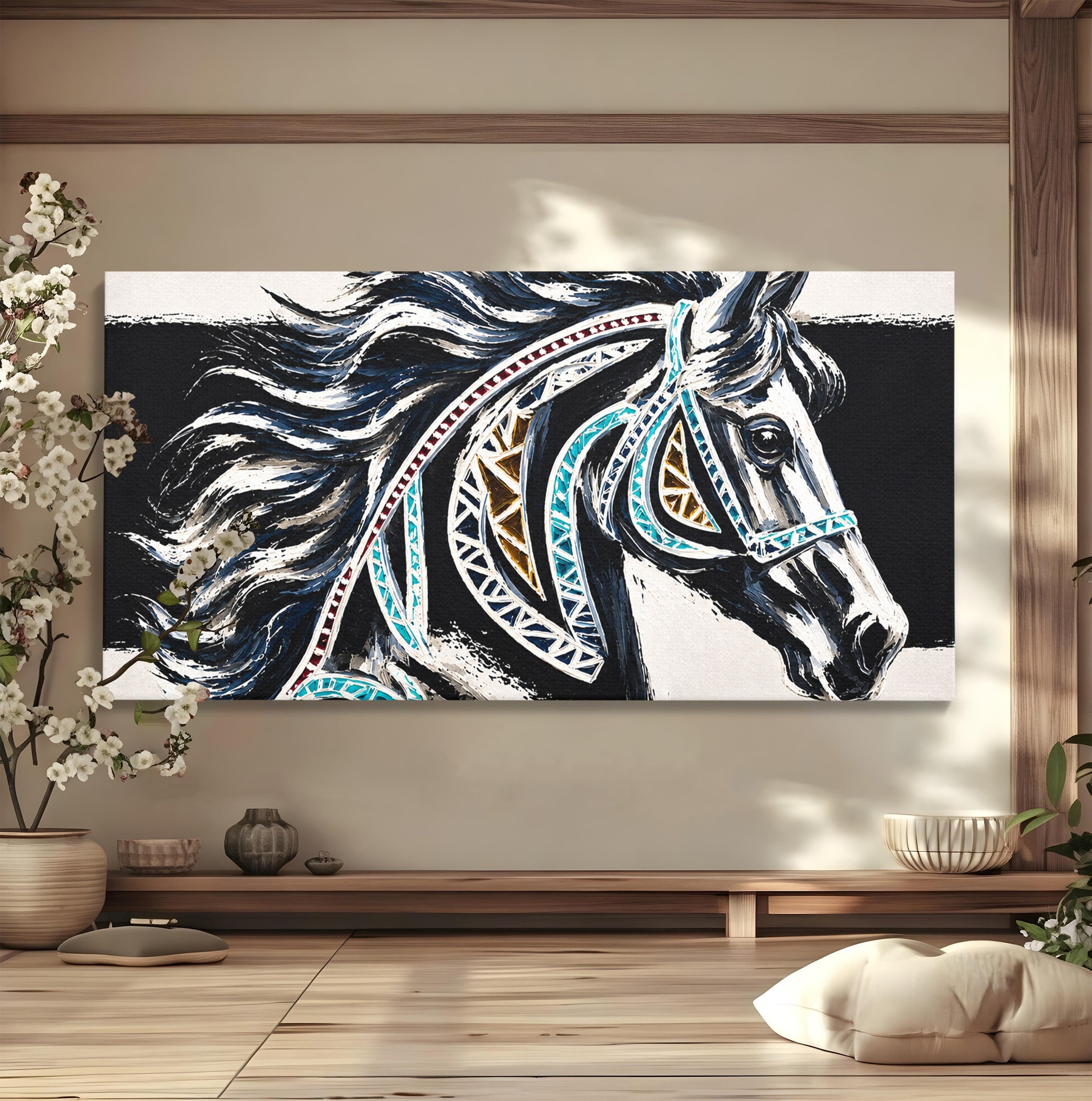 Tablou Canvas Premium LuxCanva® M1551, Calul Tribal, Cal, Tribal, Arta, Living, Dormitor, Culori Vibrante