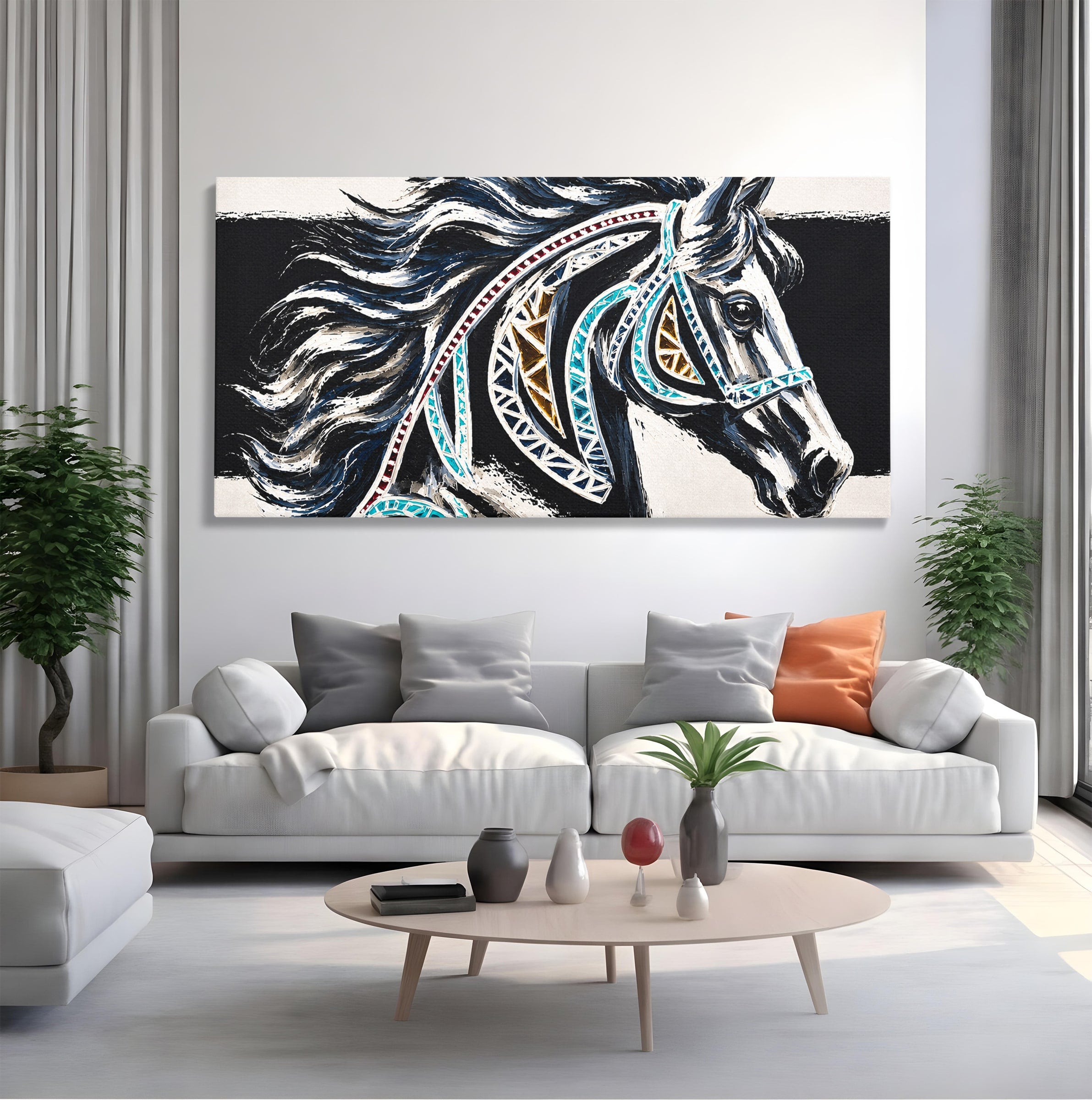 Tablou Canvas Premium LuxCanva® M1551, Calul Tribal, Cal, Tribal, Arta, Living, Dormitor, Culori Vibrante