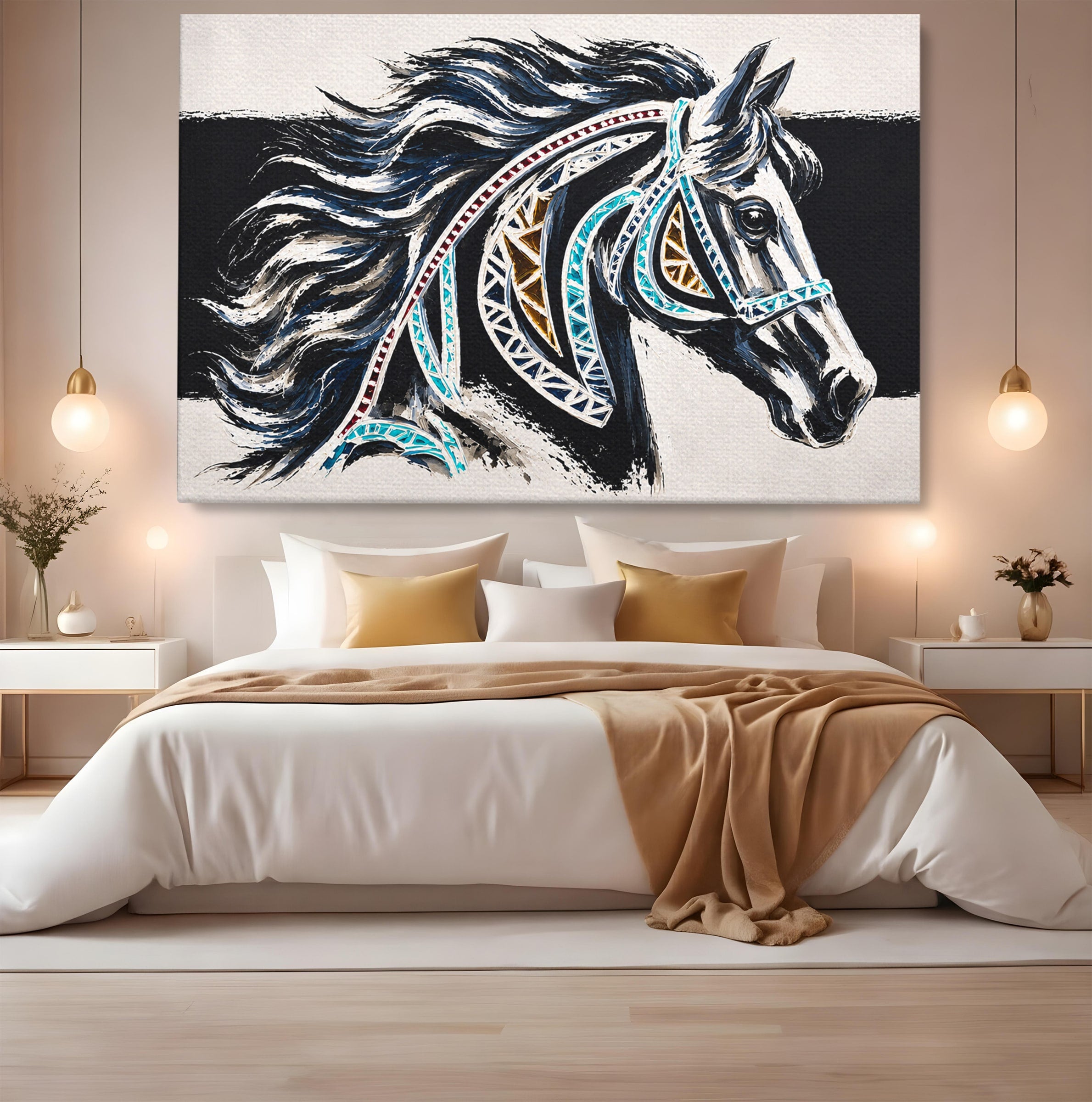 Tablou Canvas Premium LuxCanva® M1551, Calul Tribal, Cal, Tribal, Arta, Living, Dormitor, Culori Vibrante