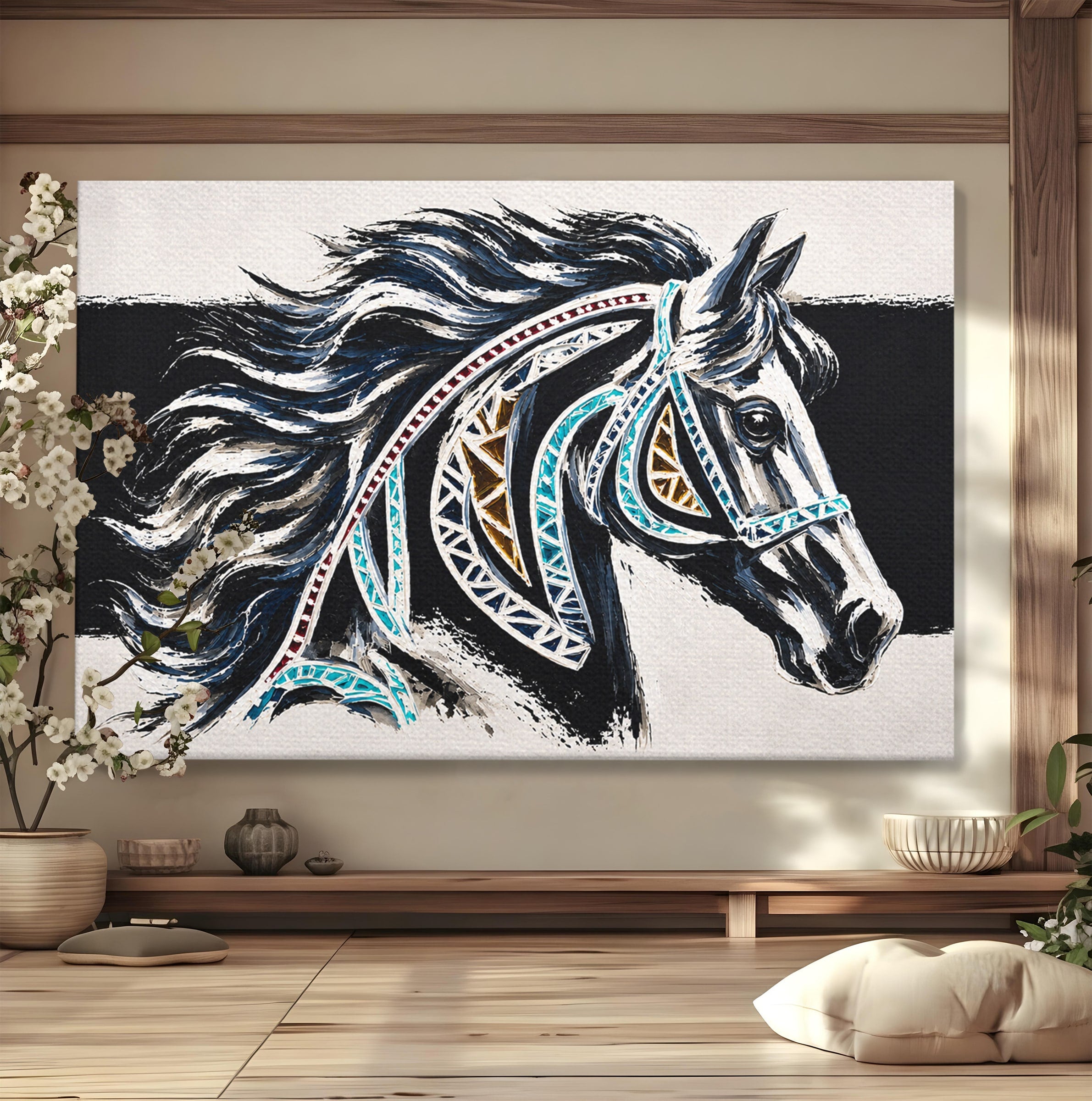 Tablou Canvas Premium LuxCanva® M1551, Calul Tribal, Cal, Tribal, Arta, Living, Dormitor, Culori Vibrante