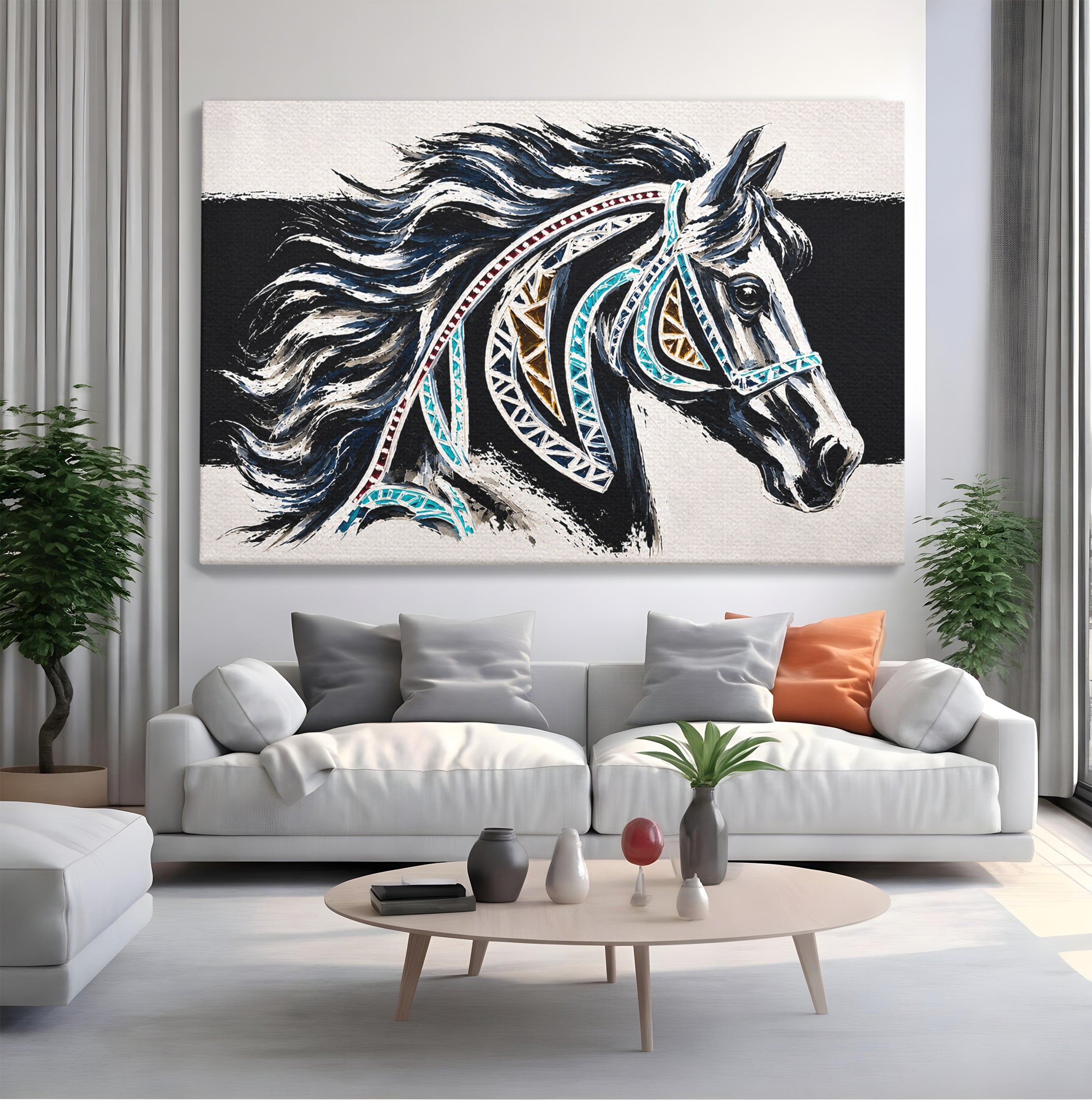 Tablou Canvas Premium LuxCanva® M1551, Calul Tribal, Cal, Tribal, Arta, Living, Dormitor, Culori Vibrante
