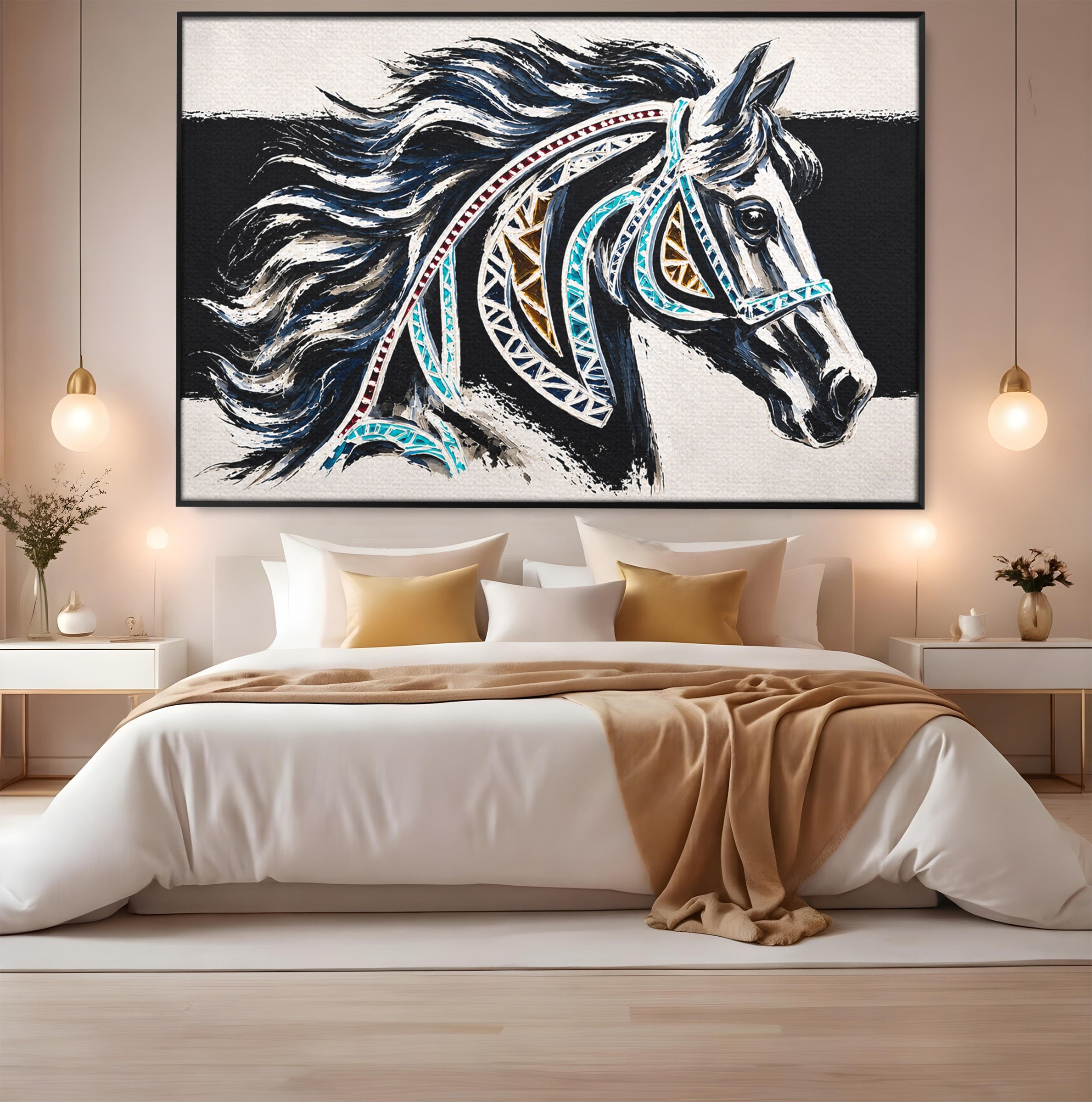 Tablou Canvas Premium LuxCanva® M1551, Calul Tribal, Cal, Tribal, Arta, Living, Dormitor, Culori Vibrante