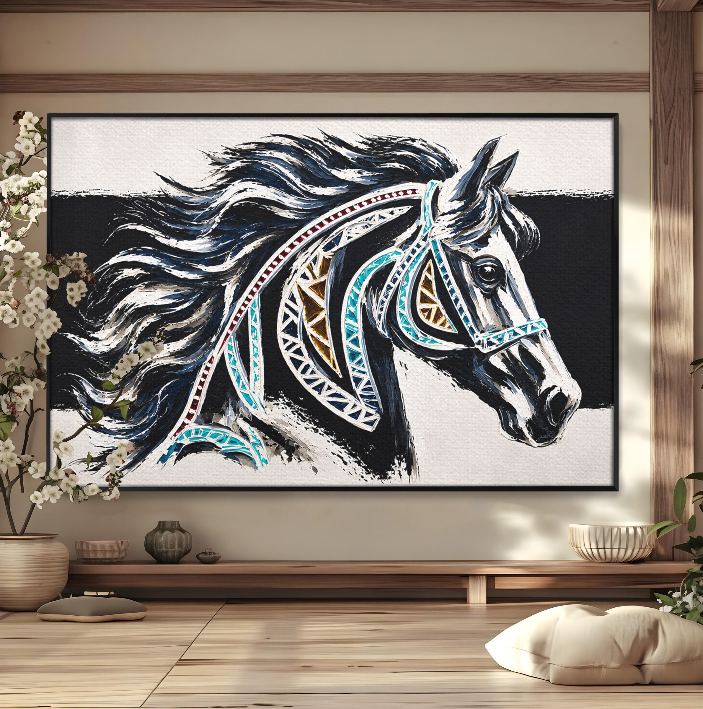 Tablou Canvas Premium LuxCanva® M1551, Calul Tribal, Cal, Tribal, Arta, Living, Dormitor, Culori Vibrante