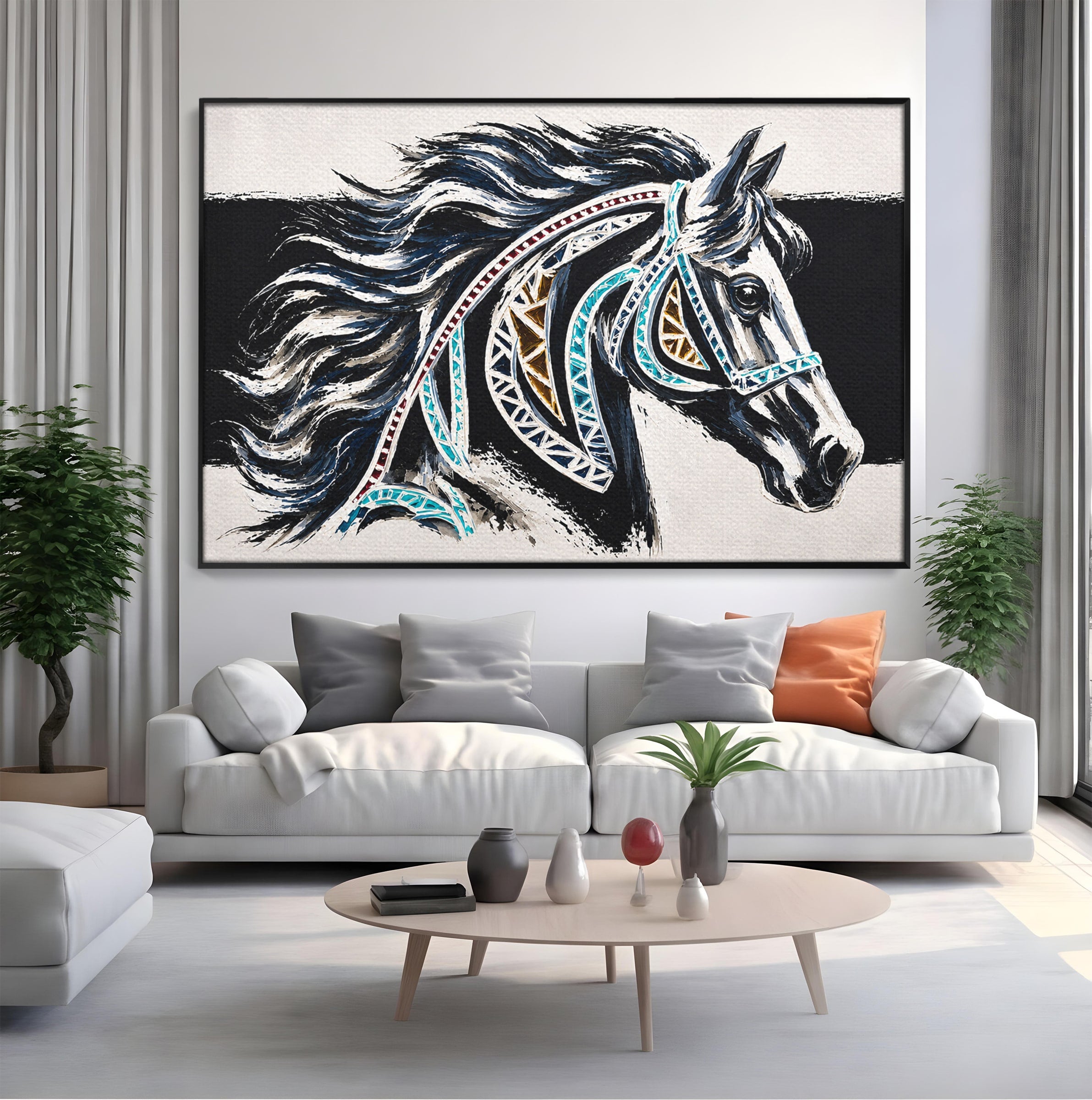 Tablou Canvas Premium LuxCanva® M1551, Calul Tribal, Cal, Tribal, Arta, Living, Dormitor, Culori Vibrante