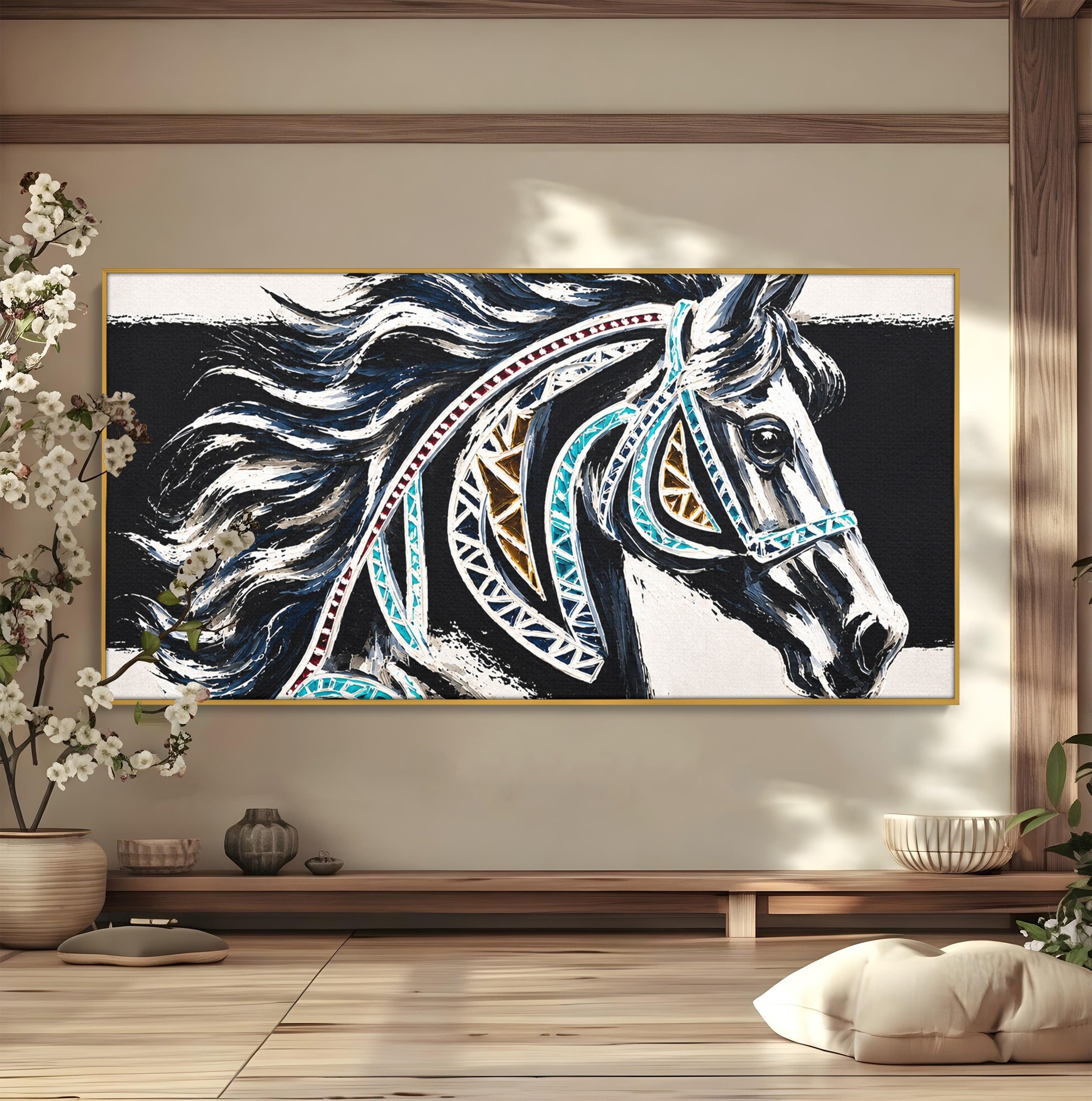 Tablou Canvas Premium LuxCanva® M1551, Calul Tribal, Cal, Tribal, Arta, Living, Dormitor, Culori Vibrante