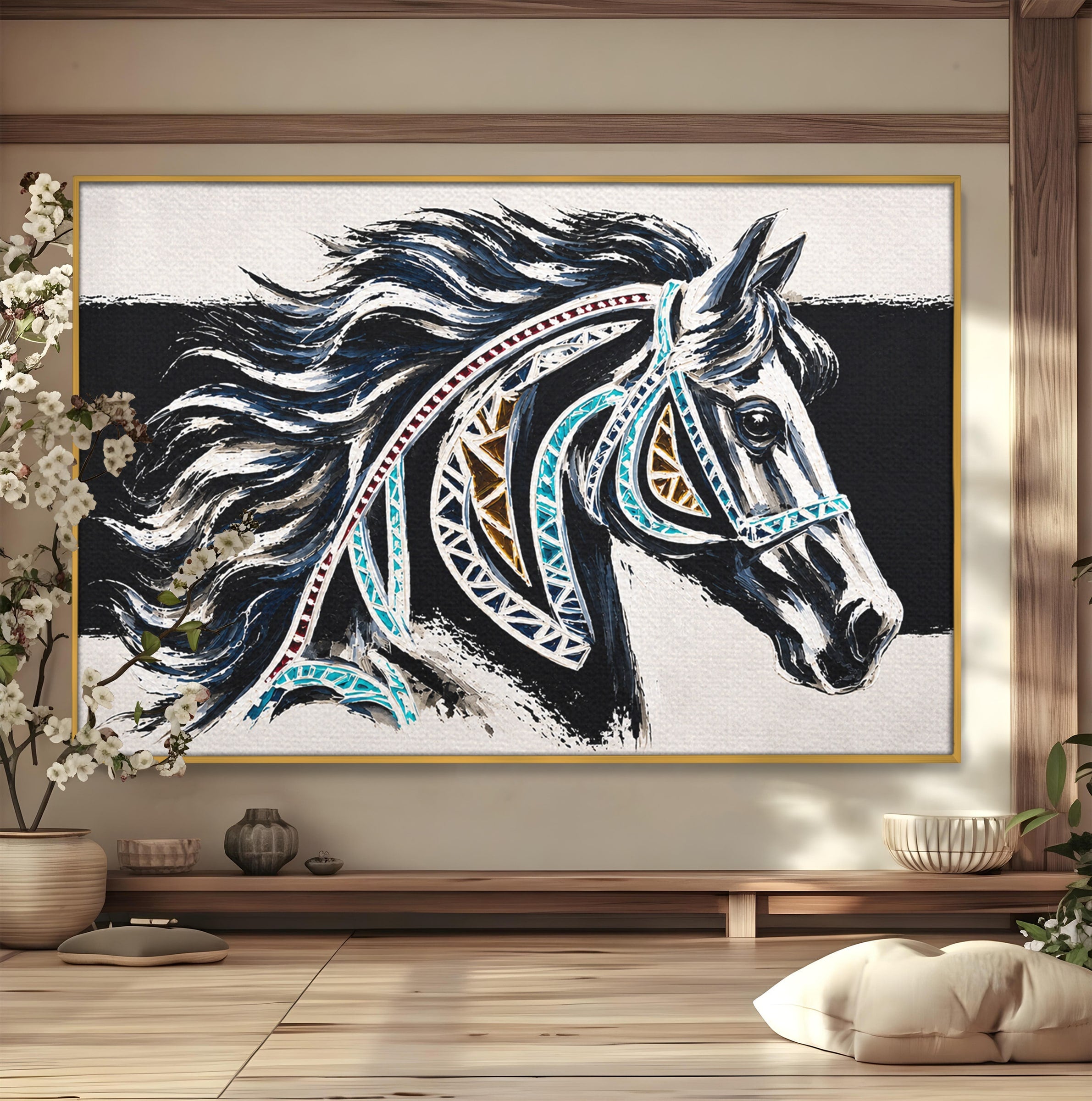 Tablou Canvas Premium LuxCanva® M1551, Calul Tribal, Cal, Tribal, Arta, Living, Dormitor, Culori Vibrante