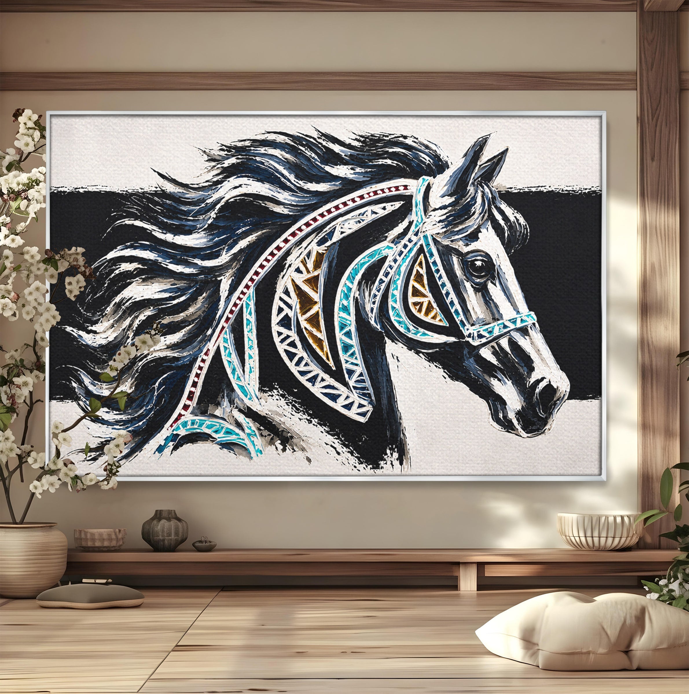 Tablou Canvas Premium LuxCanva® M1551, Calul Tribal, Cal, Tribal, Arta, Living, Dormitor, Culori Vibrante