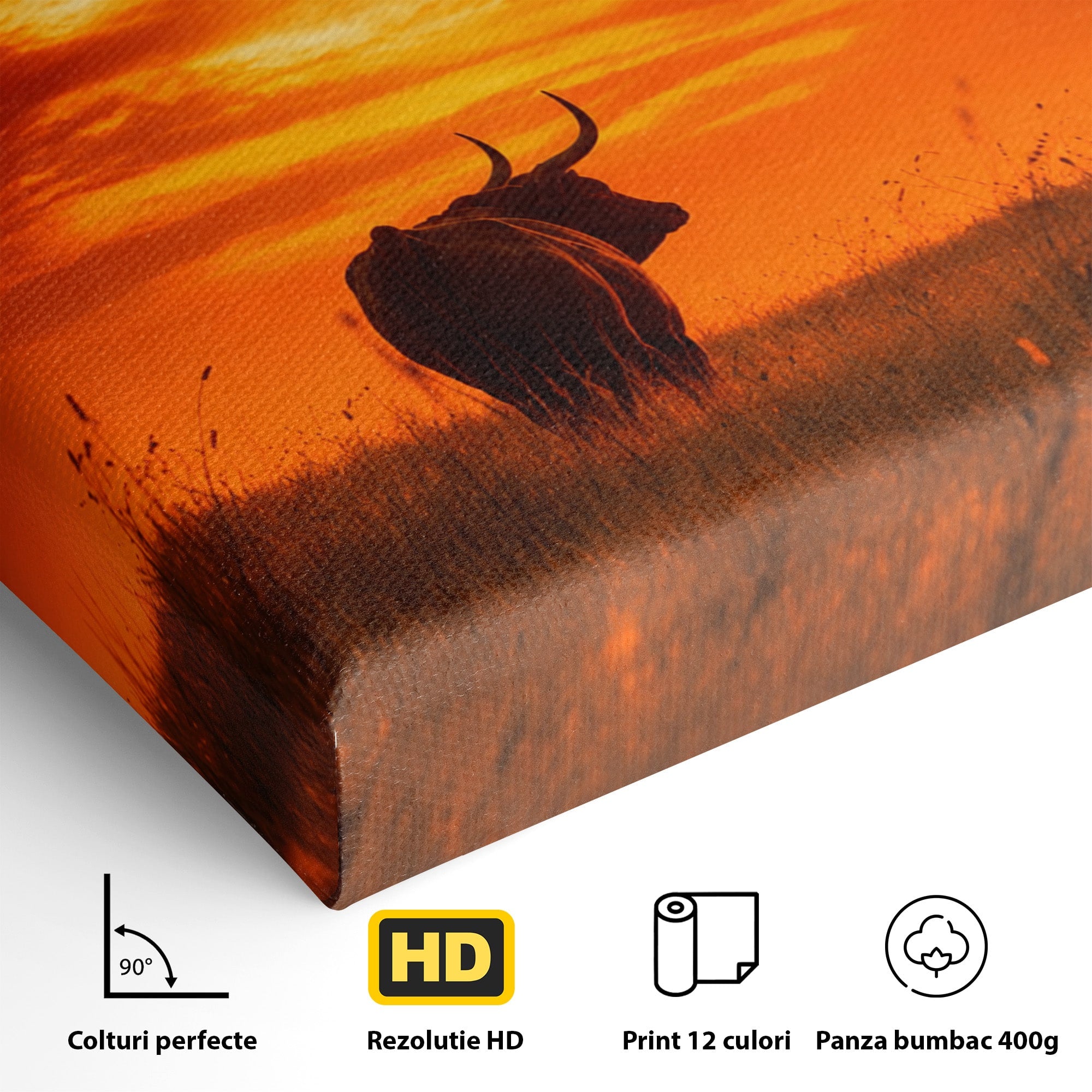 Tablou Canvas Premium LuxCanva® M1553, Apus Cu Tauri, Apus, Taur, Natura, Peisaj, Living, Culori Vibrante