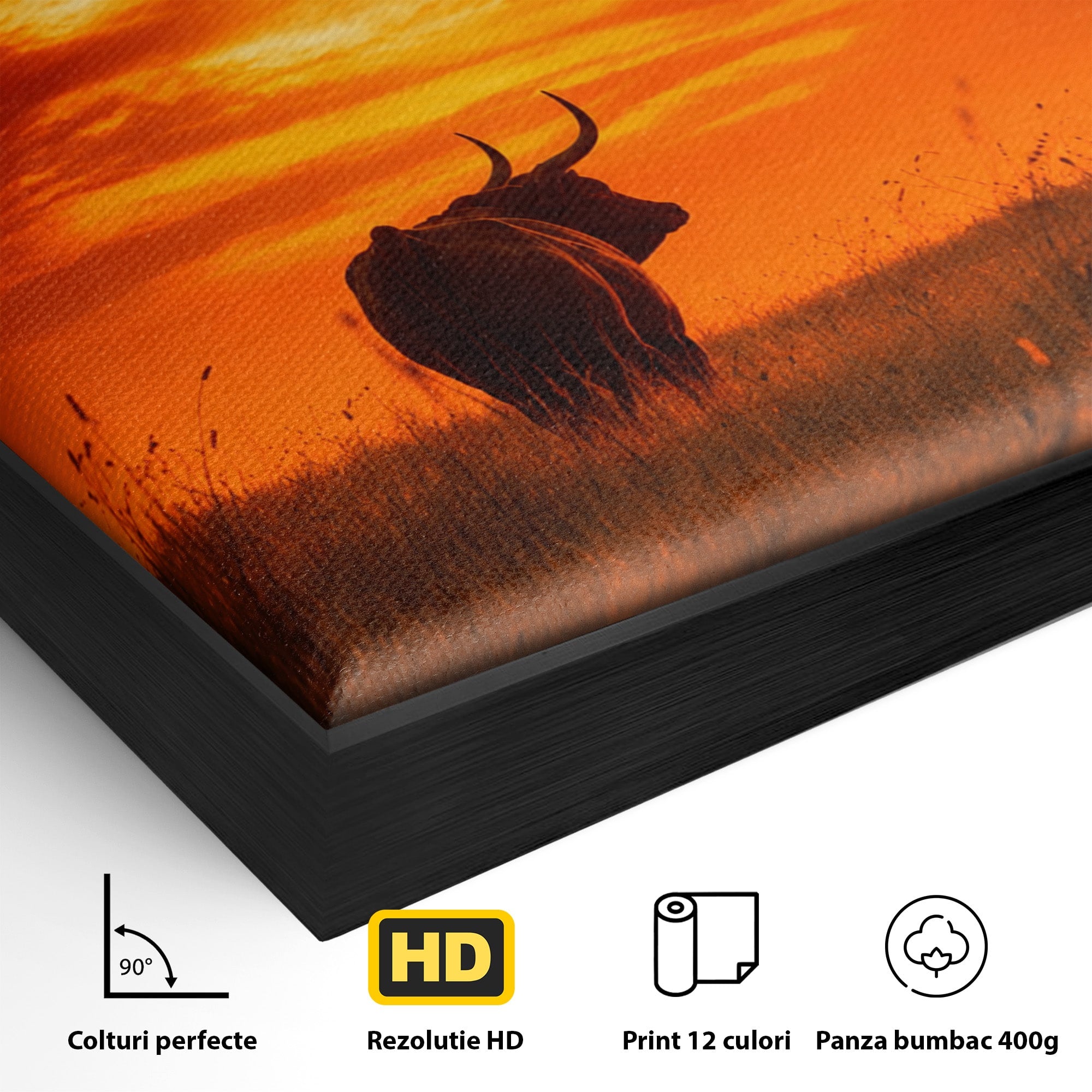 Tablou Canvas Premium LuxCanva® M1553, Apus Cu Tauri, Apus, Taur, Natura, Peisaj, Living, Culori Vibrante
