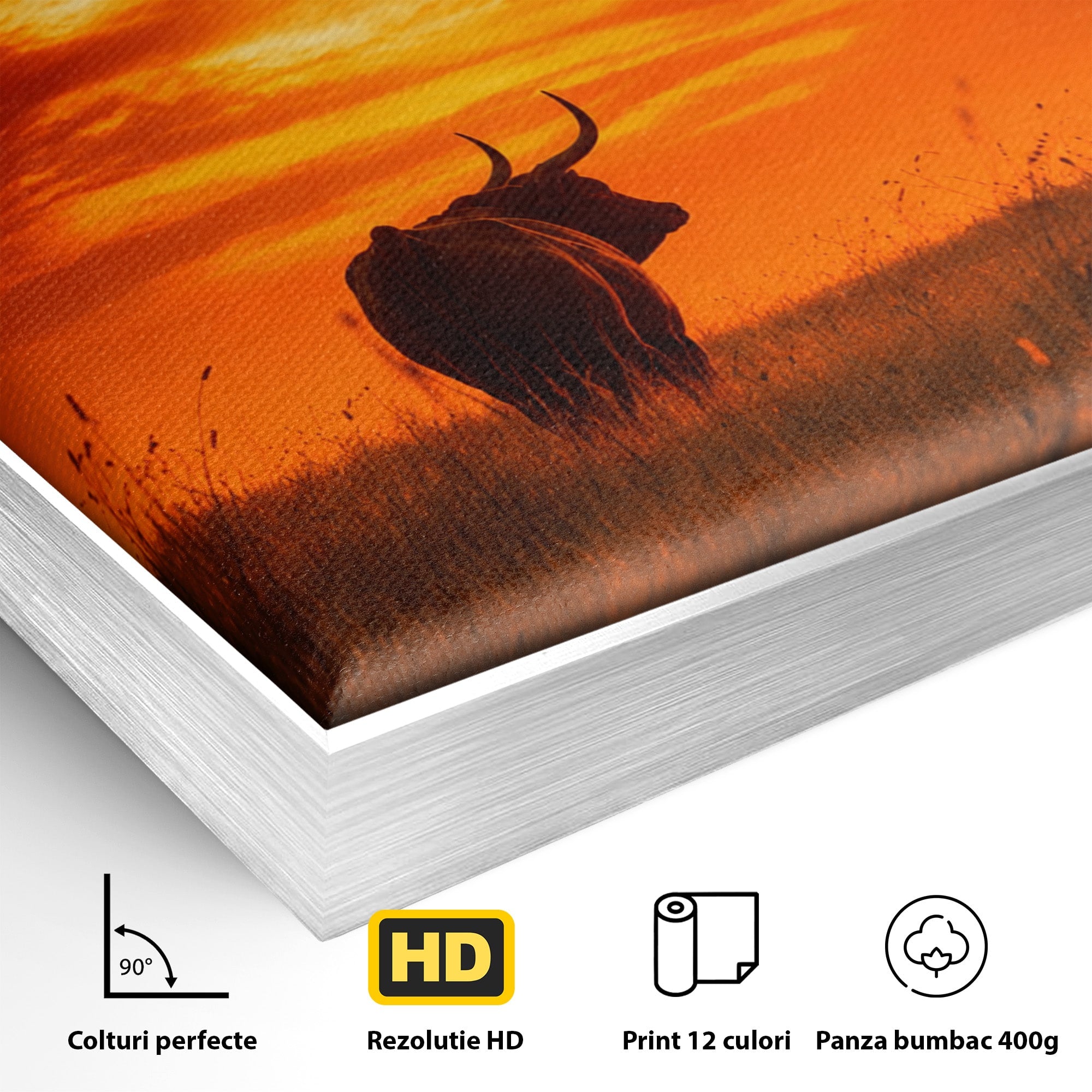 Tablou Canvas Premium LuxCanva® M1553, Apus Cu Tauri, Apus, Taur, Natura, Peisaj, Living, Culori Vibrante