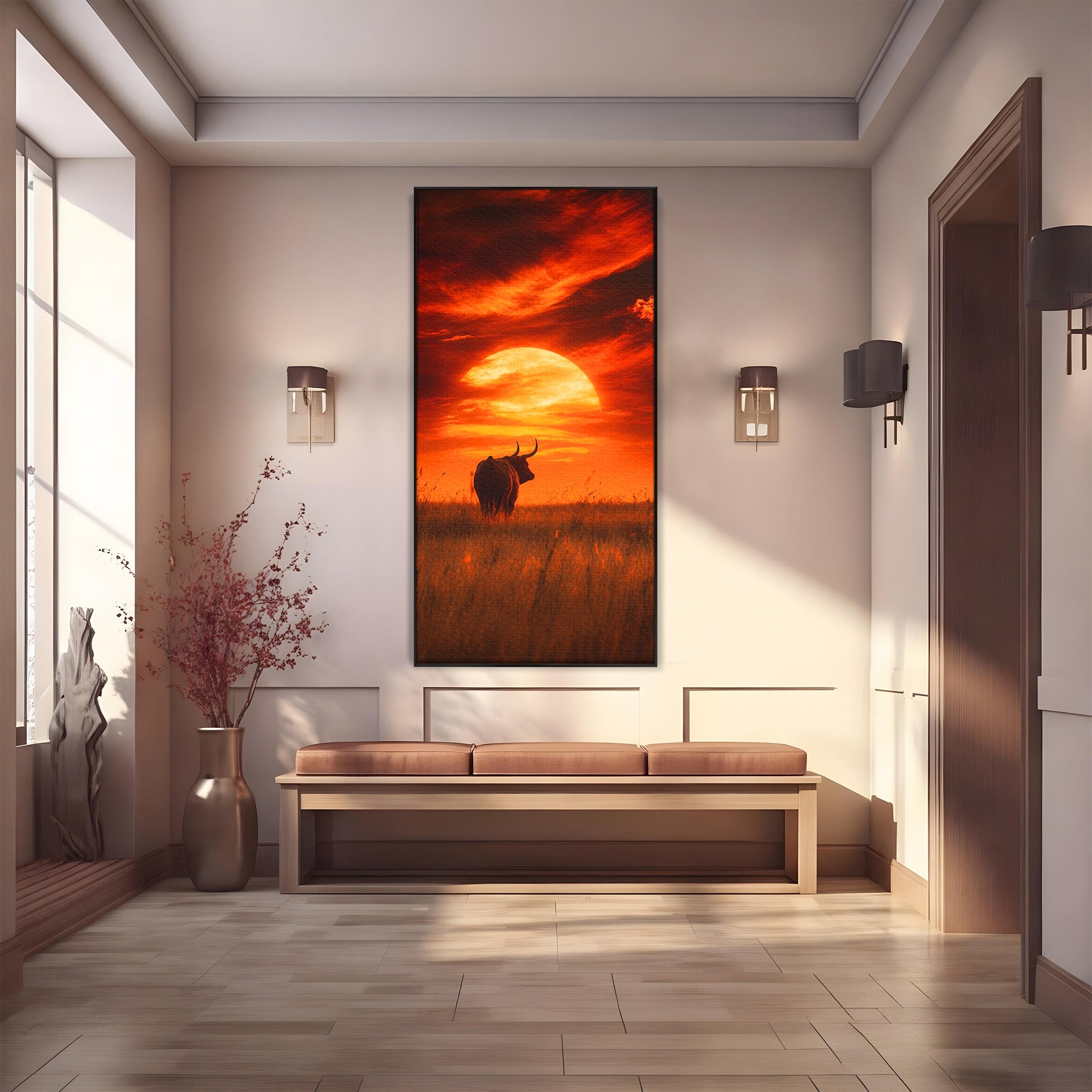 Tablou Canvas Premium LuxCanva® M1553, Apus Cu Tauri, Apus, Taur, Natura, Peisaj, Living, Culori Vibrante