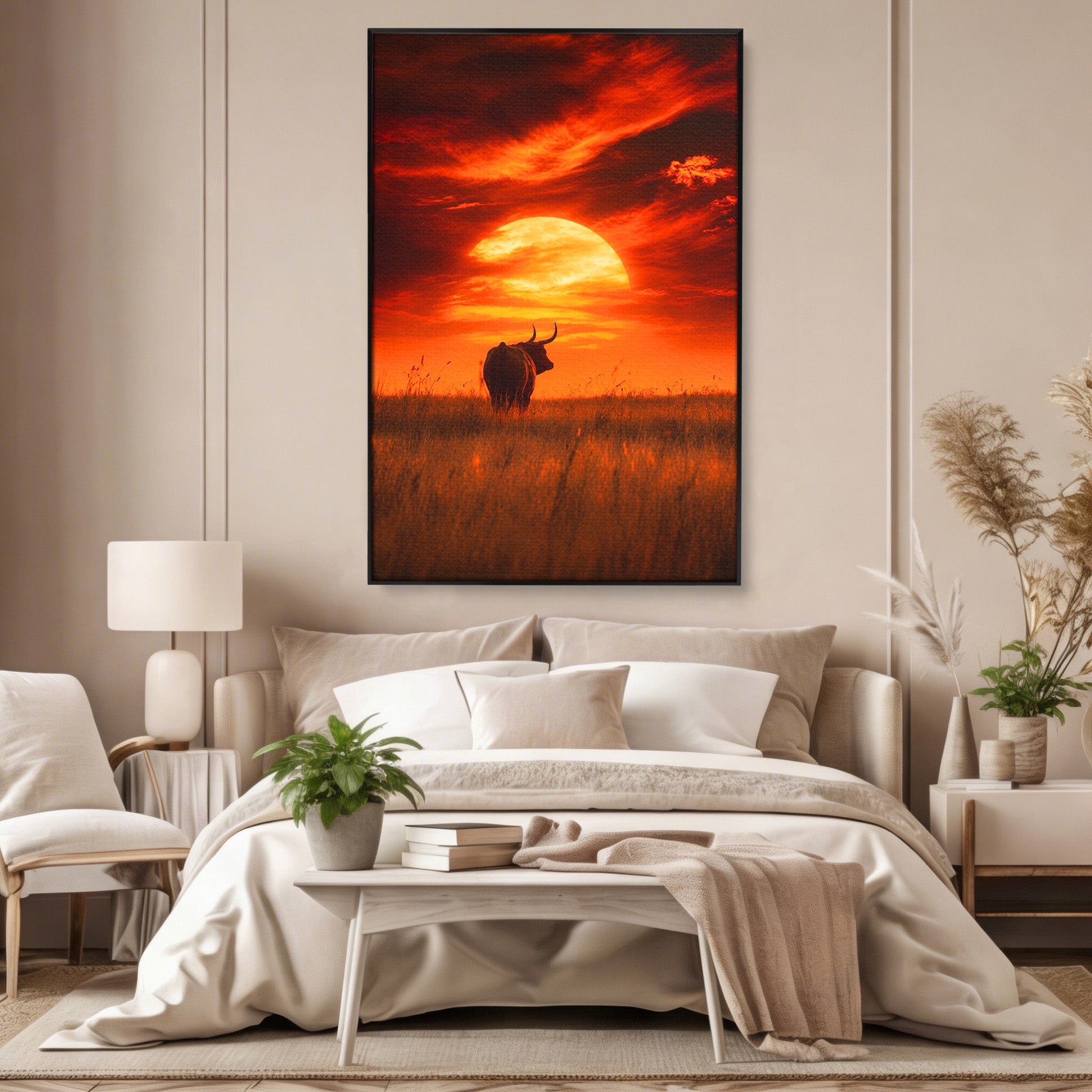 Tablou Canvas Premium LuxCanva® M1553, Apus Cu Tauri, Apus, Taur, Natura, Peisaj, Living, Culori Vibrante