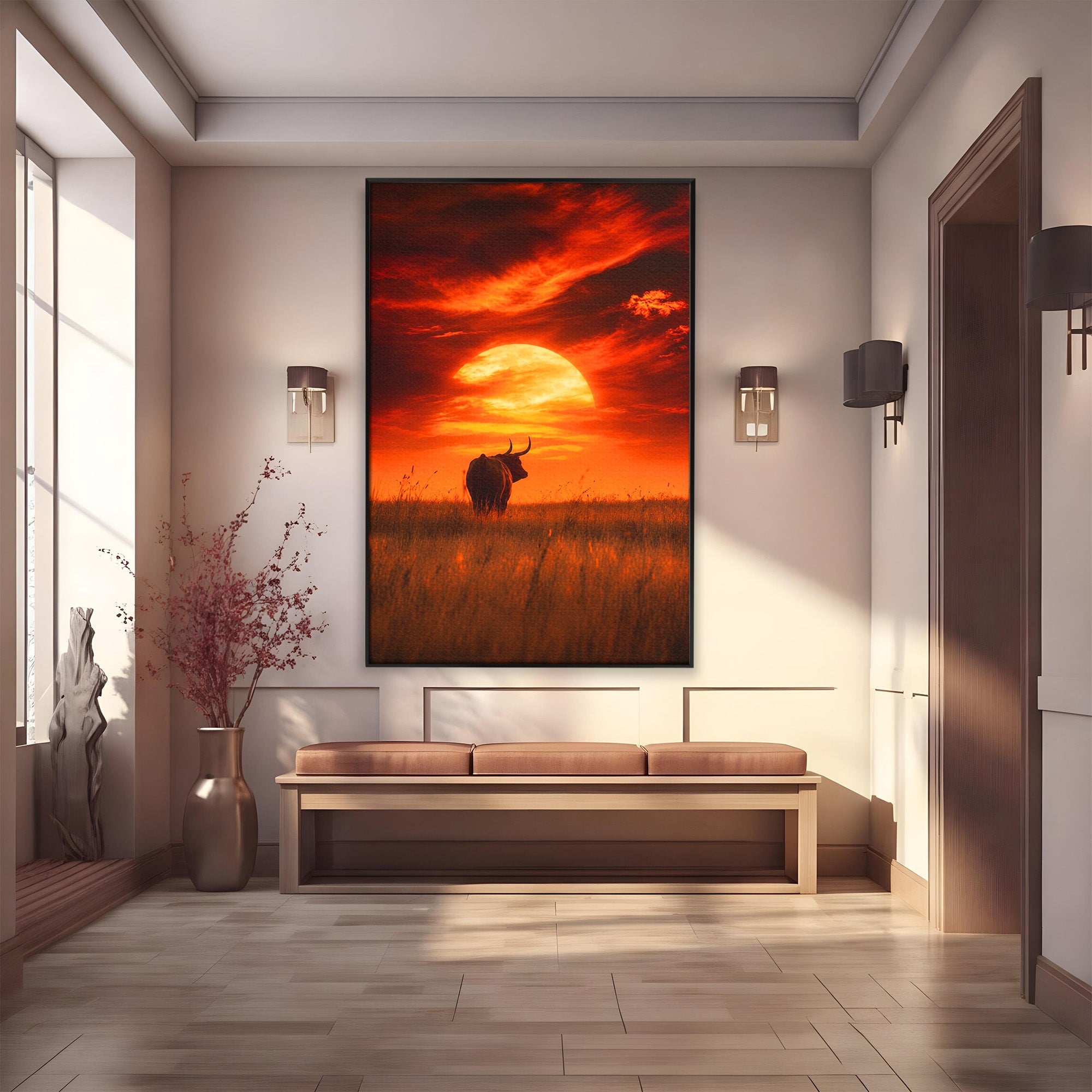 Tablou Canvas Premium LuxCanva® M1553, Apus Cu Tauri, Apus, Taur, Natura, Peisaj, Living, Culori Vibrante