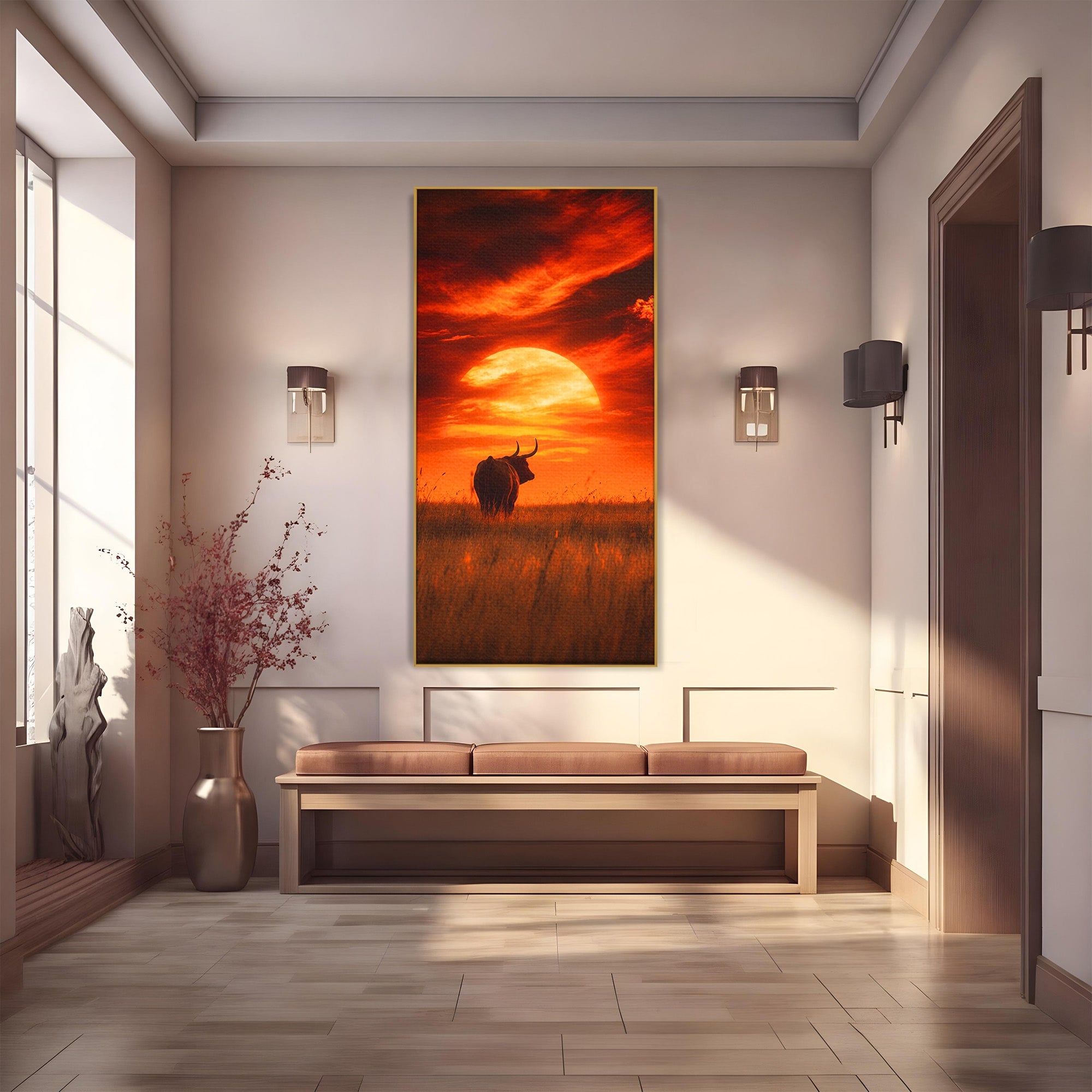 Tablou Canvas Premium LuxCanva® M1553, Apus Cu Tauri, Apus, Taur, Natura, Peisaj, Living, Culori Vibrante