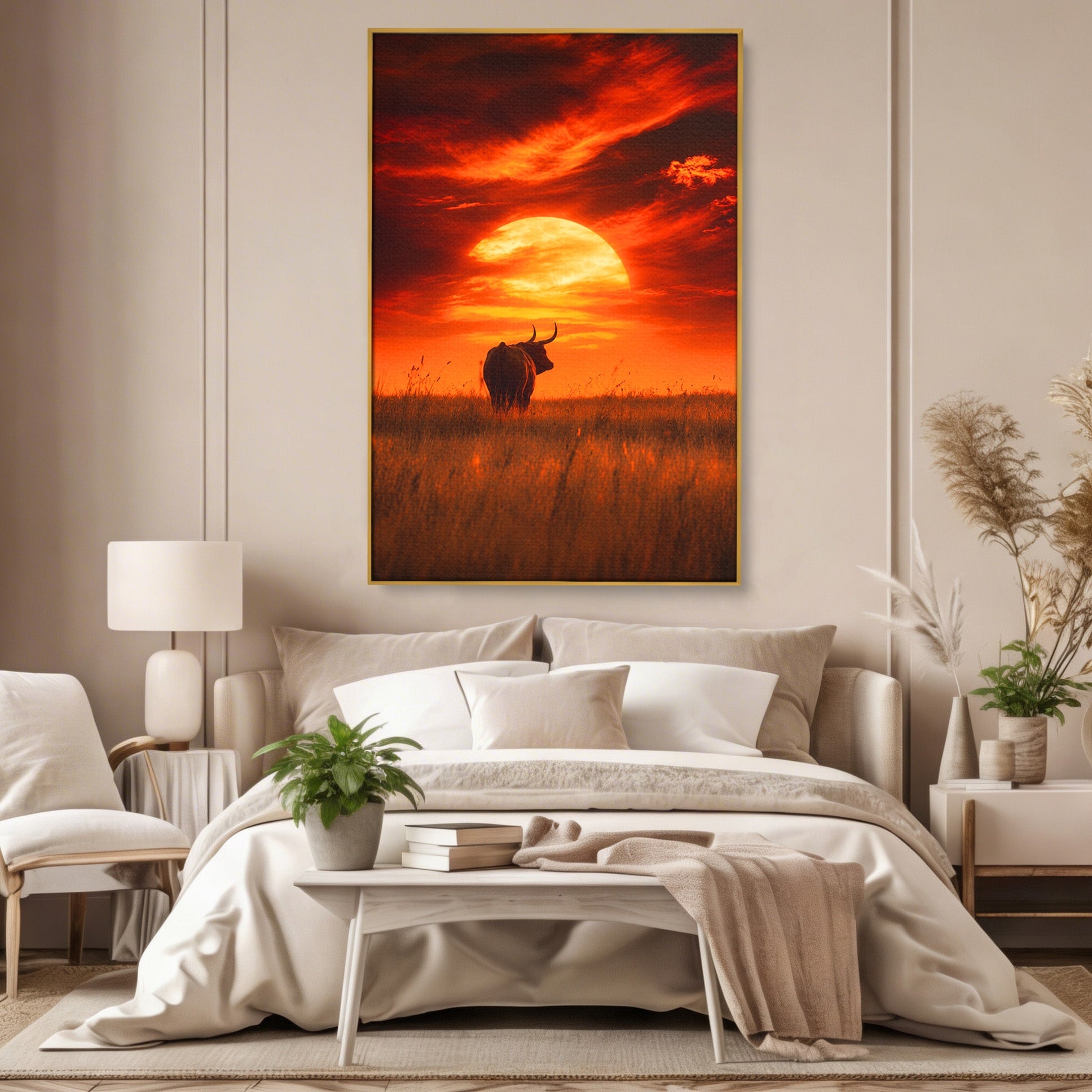 Tablou Canvas Premium LuxCanva® M1553, Apus Cu Tauri, Apus, Taur, Natura, Peisaj, Living, Culori Vibrante