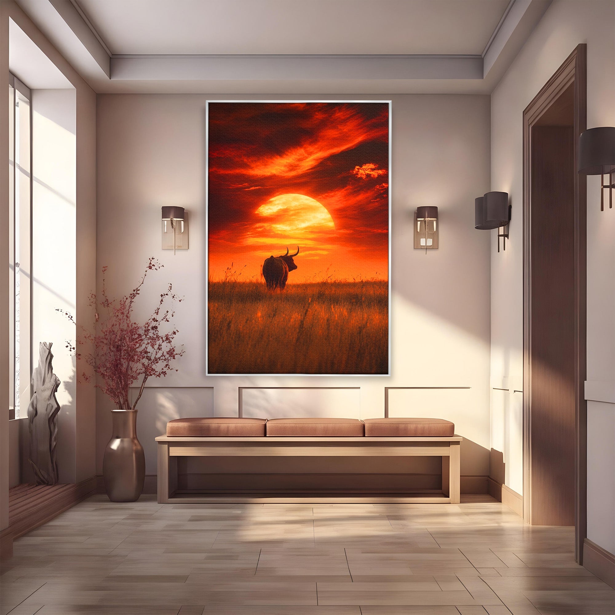 Tablou Canvas Premium LuxCanva® M1553, Apus Cu Tauri, Apus, Taur, Natura, Peisaj, Living, Culori Vibrante