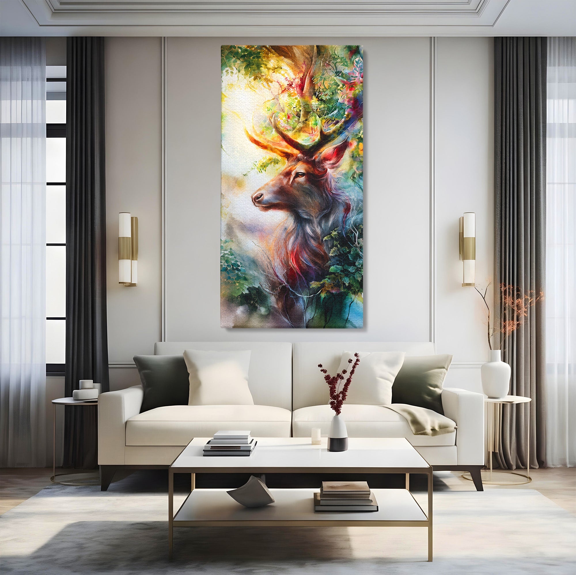 Tablou Canvas Premium LuxCanva® M1554, Cerbul Magic, Cerb, Natura, Pictura, Living, Vara, Silueta, Culori Vibrante