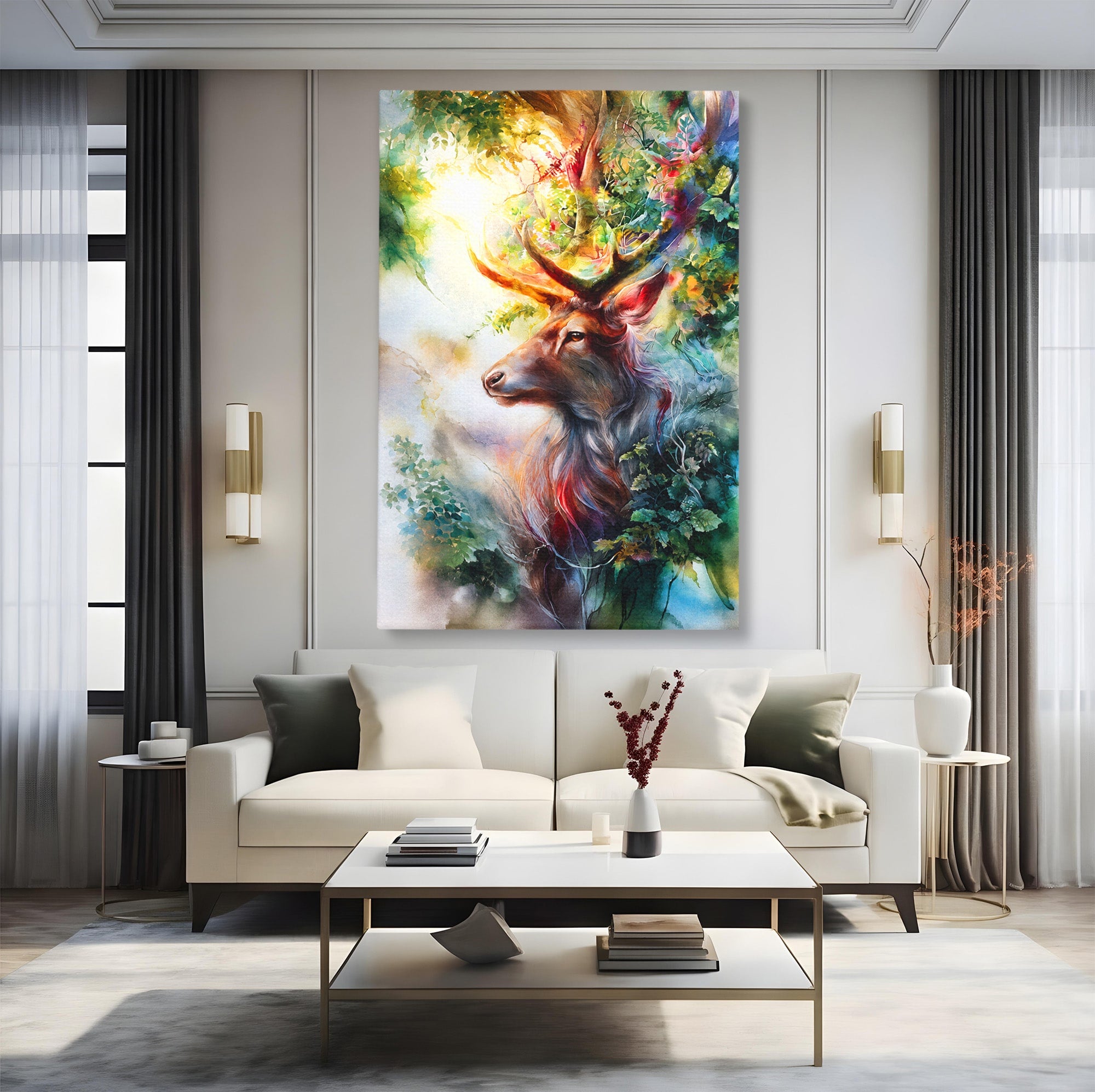 Tablou Canvas Premium LuxCanva® M1554, Cerbul Magic, Cerb, Natura, Pictura, Living, Vara, Silueta, Culori Vibrante