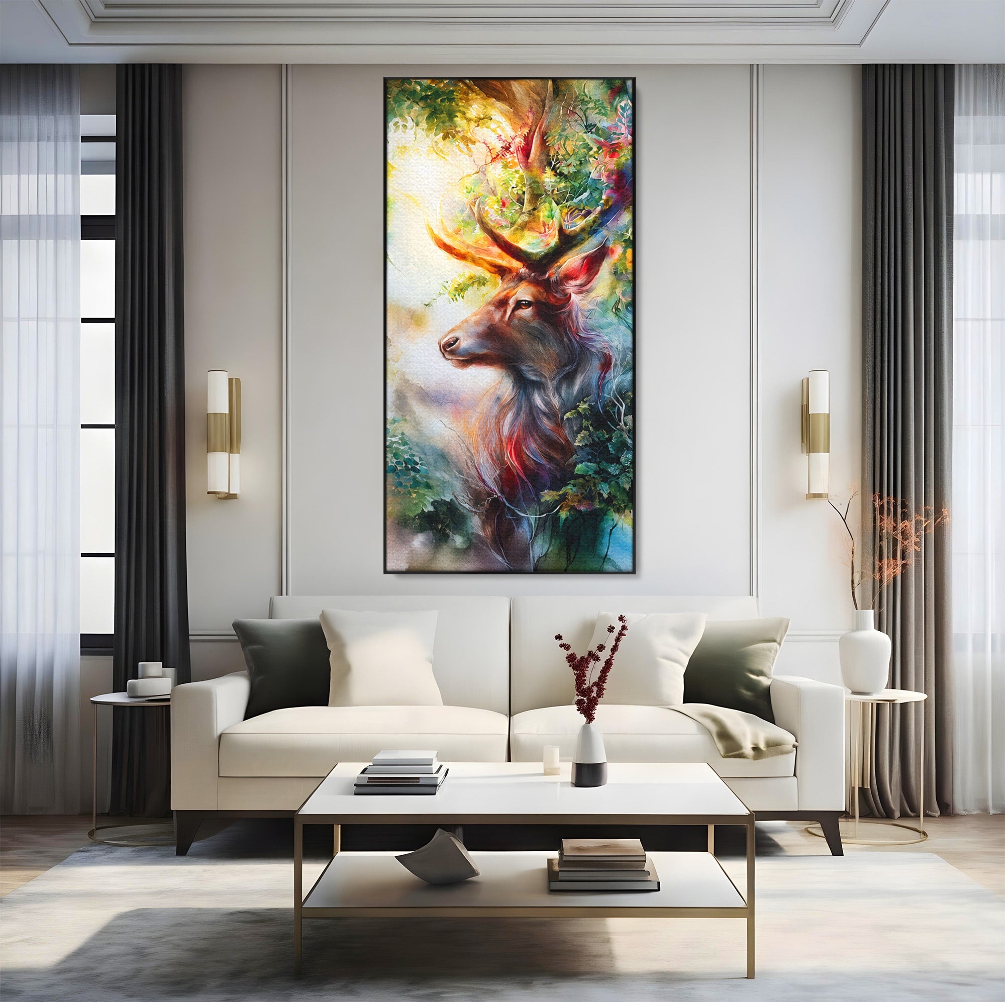 Tablou Canvas Premium LuxCanva® M1554, Cerbul Magic, Cerb, Natura, Pictura, Living, Vara, Silueta, Culori Vibrante