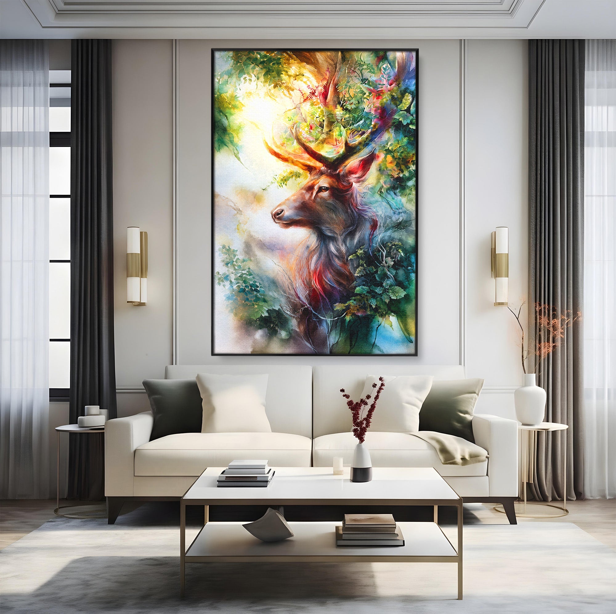 Tablou Canvas Premium LuxCanva® M1554, Cerbul Magic, Cerb, Natura, Pictura, Living, Vara, Silueta, Culori Vibrante