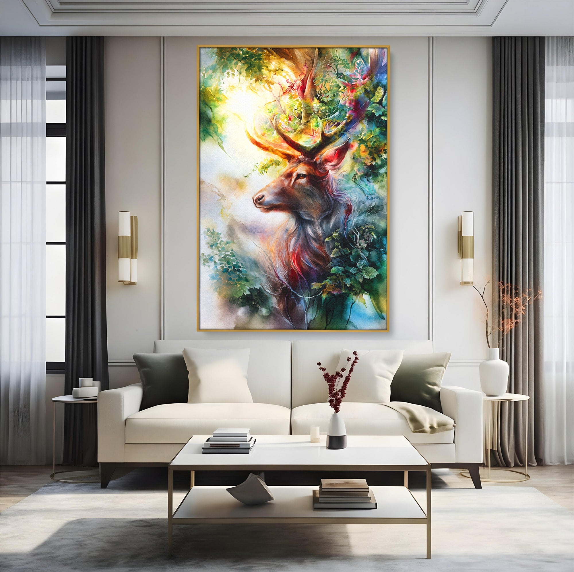 Tablou Canvas Premium LuxCanva® M1554, Cerbul Magic, Cerb, Natura, Pictura, Living, Vara, Silueta, Culori Vibrante