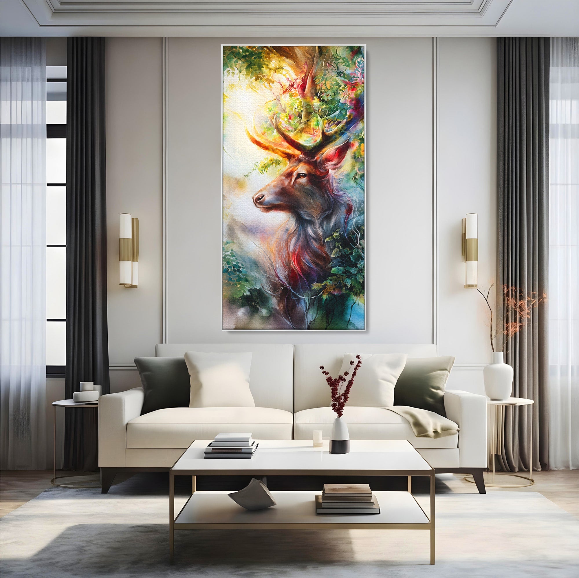 Tablou Canvas Premium LuxCanva® M1554, Cerbul Magic, Cerb, Natura, Pictura, Living, Vara, Silueta, Culori Vibrante