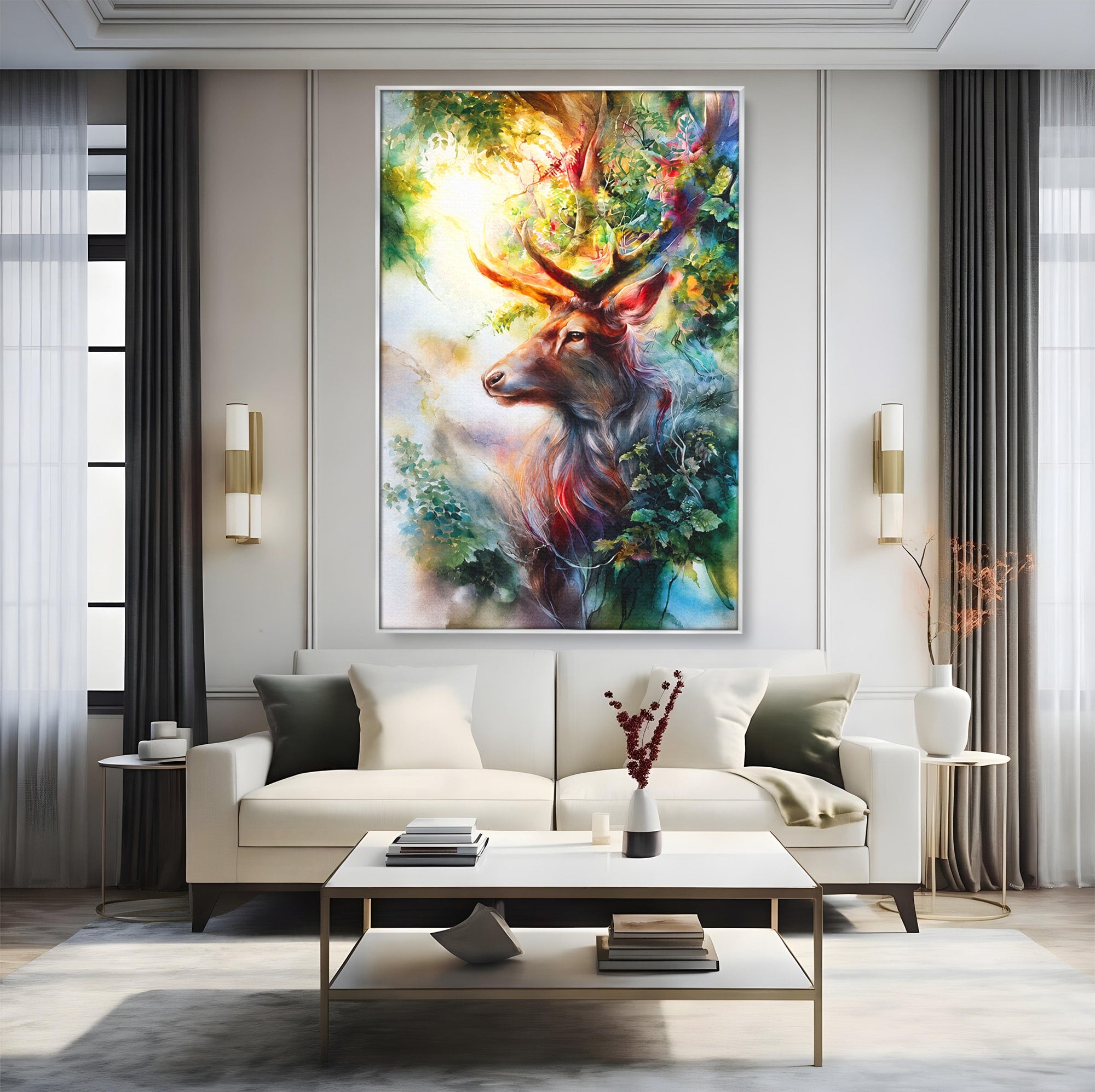 Tablou Canvas Premium LuxCanva® M1554, Cerbul Magic, Cerb, Natura, Pictura, Living, Vara, Silueta, Culori Vibrante