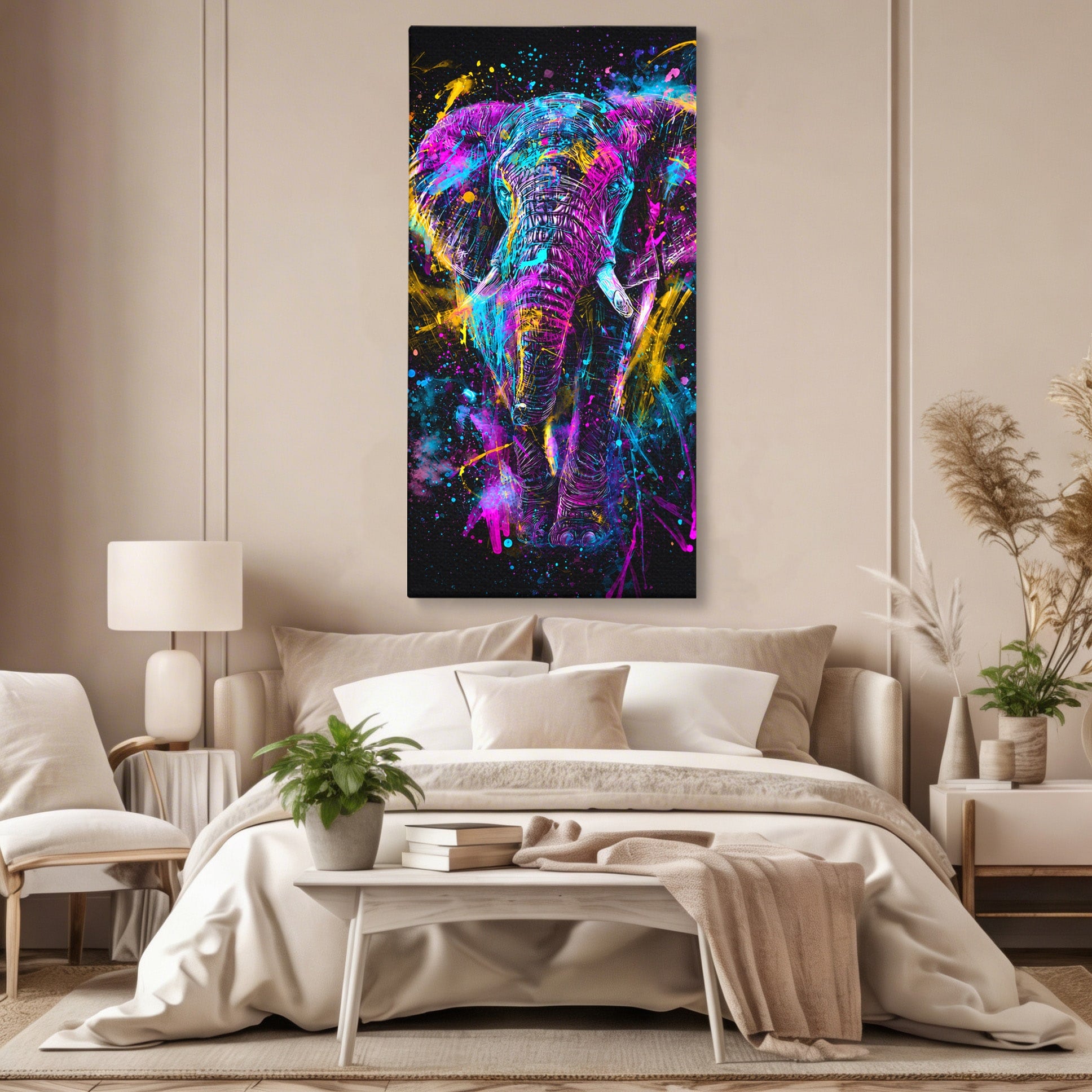 Tablou Canvas Premium LuxCanva® M1555, Elefantul Magic, Elefant, Arta Abstracta, Vibrant, Safari, Living, Dormitor, Culori Vibrante