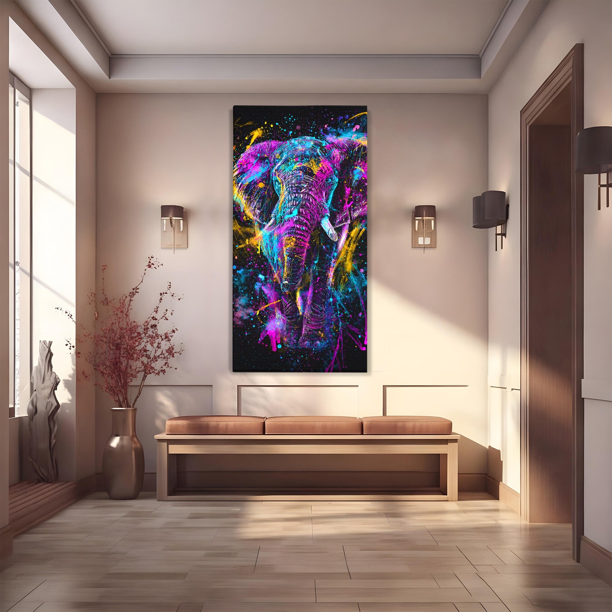Tablou Canvas Premium LuxCanva® M1555, Elefantul Magic, Elefant, Arta Abstracta, Vibrant, Safari, Living, Dormitor, Culori Vibrante