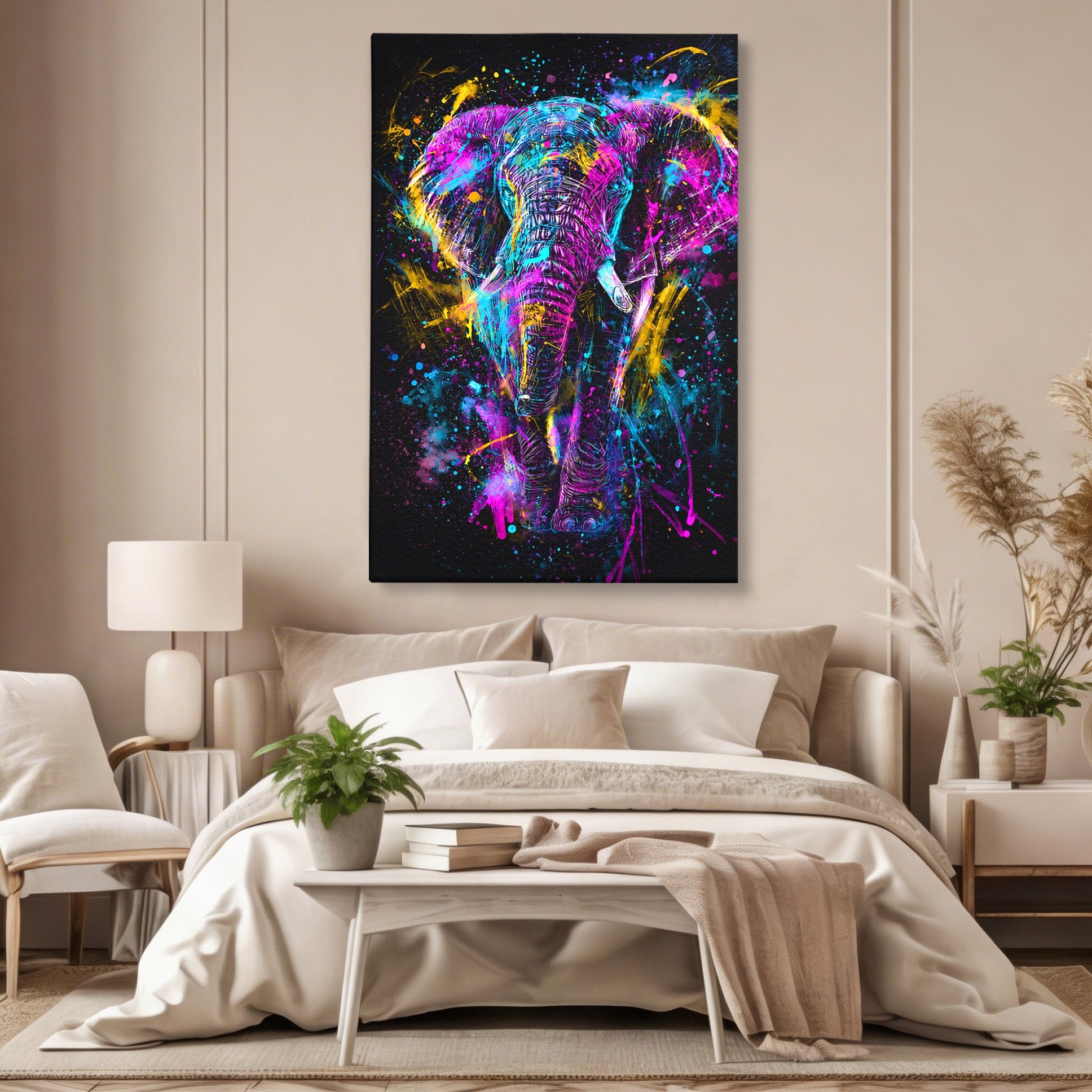 Tablou Canvas Premium LuxCanva® M1555, Elefantul Magic, Elefant, Arta Abstracta, Vibrant, Safari, Living, Dormitor, Culori Vibrante