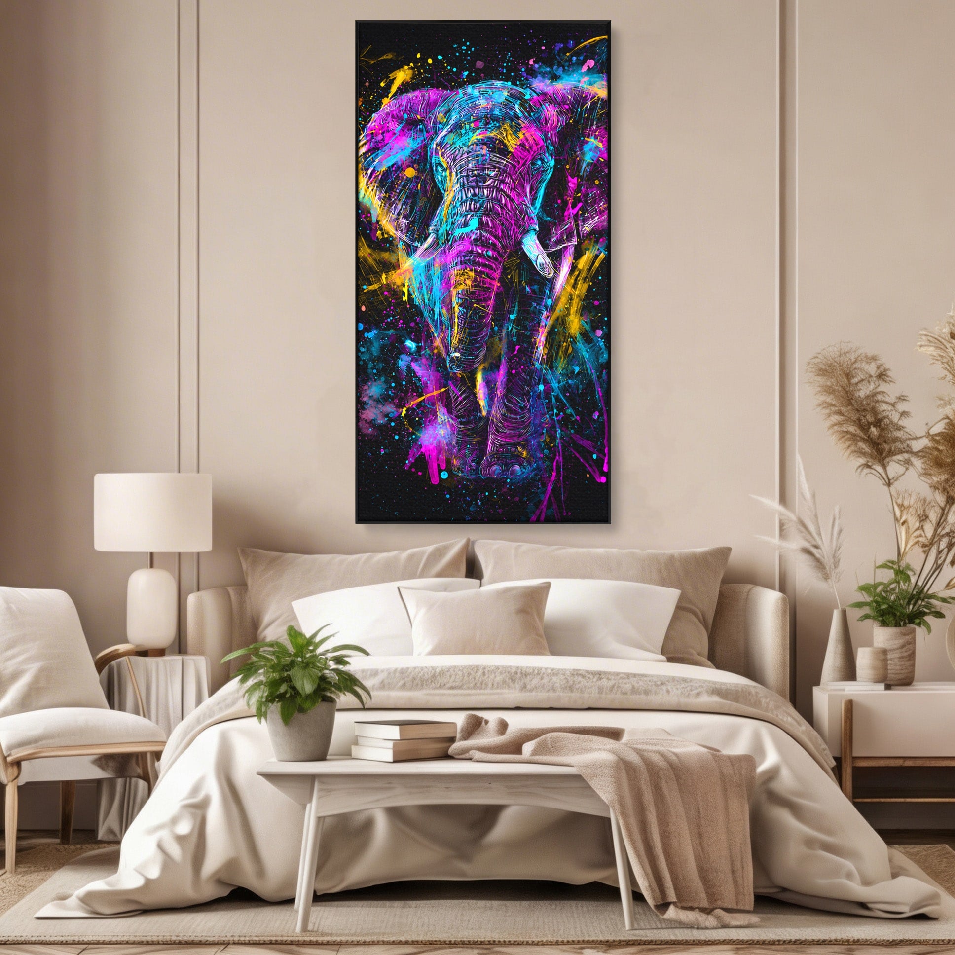 Tablou Canvas Premium LuxCanva® M1555, Elefantul Magic, Elefant, Arta Abstracta, Vibrant, Safari, Living, Dormitor, Culori Vibrante