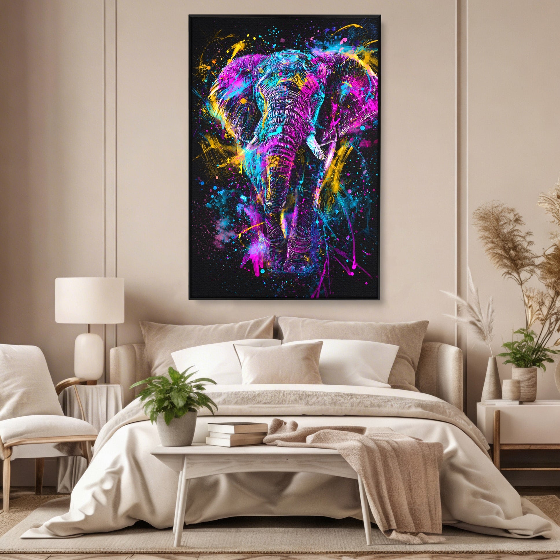 Tablou Canvas Premium LuxCanva® M1555, Elefantul Magic, Elefant, Arta Abstracta, Vibrant, Safari, Living, Dormitor, Culori Vibrante