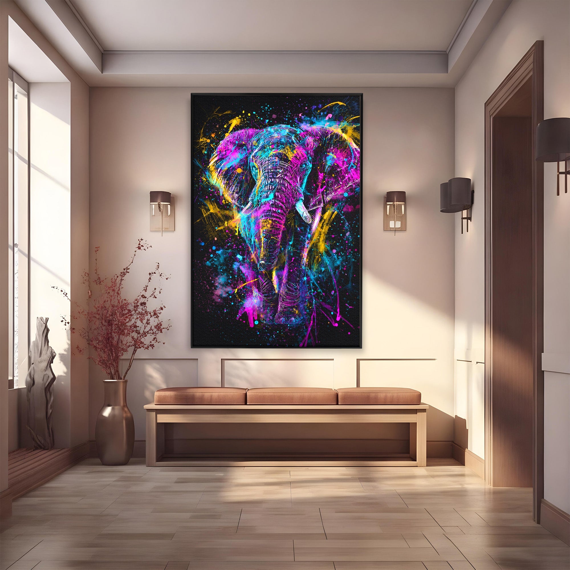 Tablou Canvas Premium LuxCanva® M1555, Elefantul Magic, Elefant, Arta Abstracta, Vibrant, Safari, Living, Dormitor, Culori Vibrante