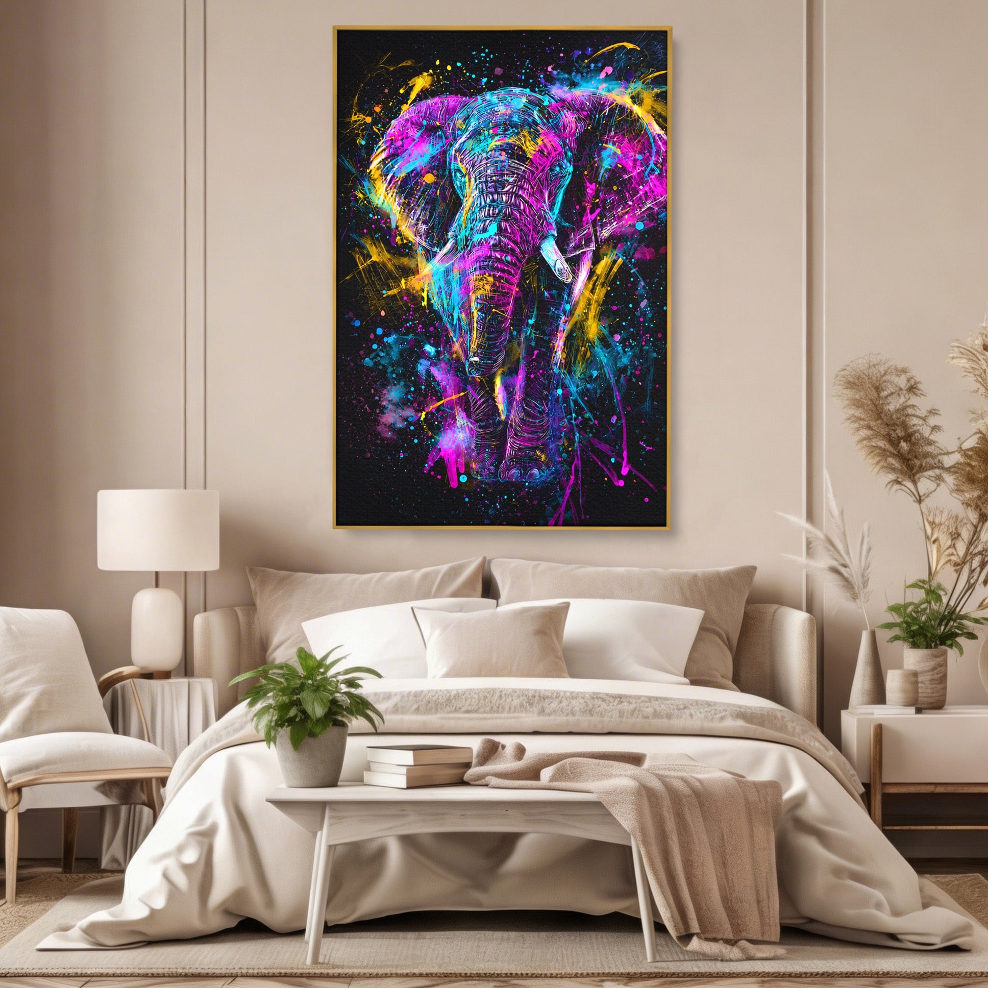 Tablou Canvas Premium LuxCanva® M1555, Elefantul Magic, Elefant, Arta Abstracta, Vibrant, Safari, Living, Dormitor, Culori Vibrante