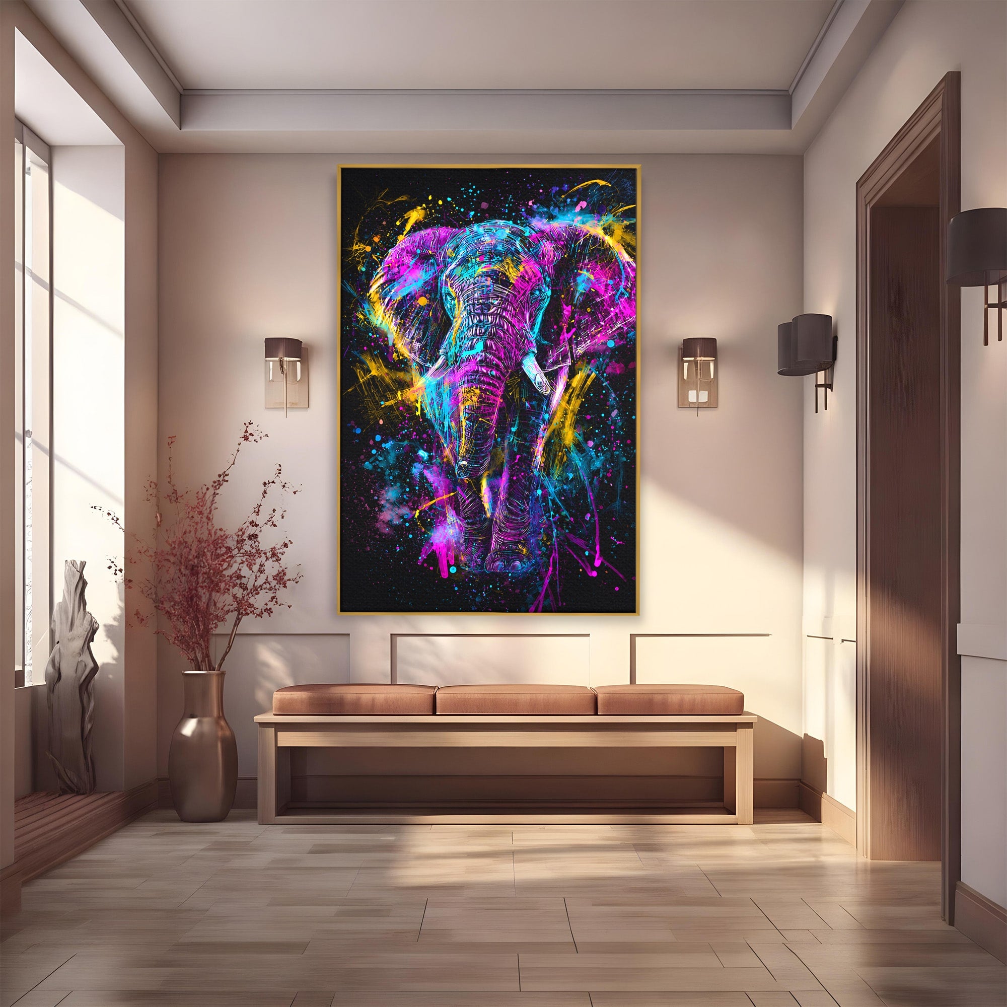Tablou Canvas Premium LuxCanva® M1555, Elefantul Magic, Elefant, Arta Abstracta, Vibrant, Safari, Living, Dormitor, Culori Vibrante