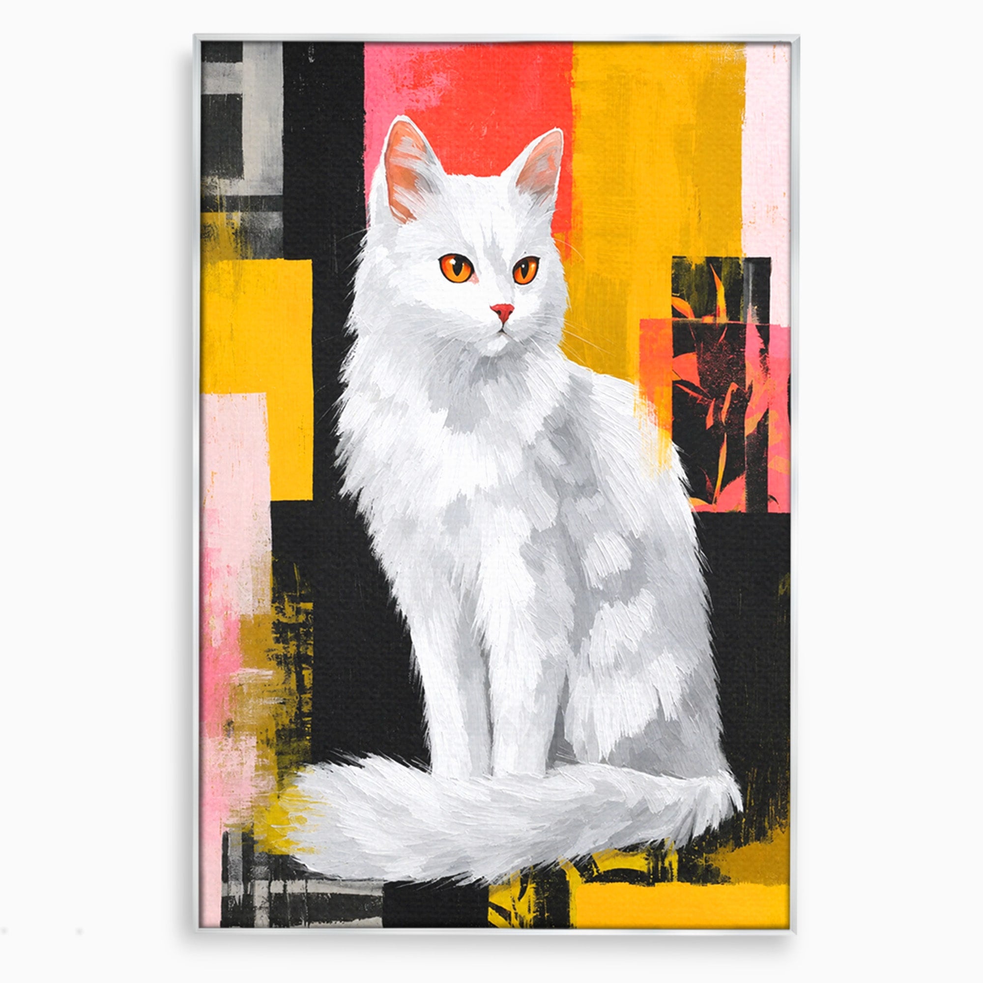 Tablou Canvas Premium LuxCanva® M1557, Grație în Alb, Pisica, Animale, Living, Arta Moderna, Culori Contrastante, Culori Vibrante