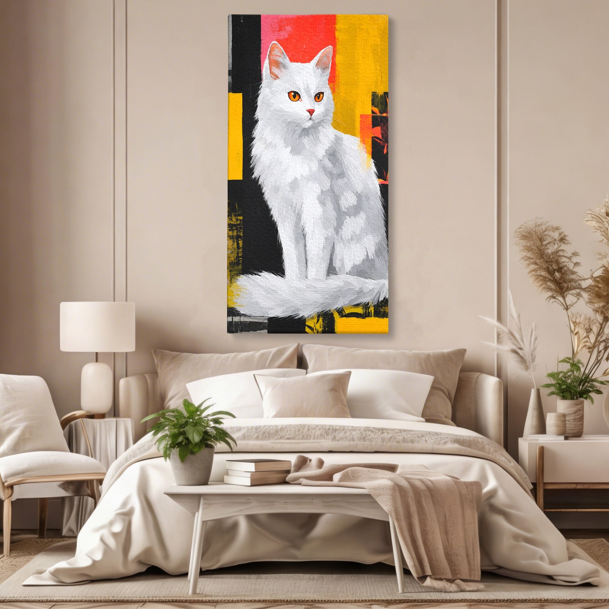 Tablou Canvas Premium LuxCanva® M1557, Grație în Alb, Pisica, Animale, Living, Arta Moderna, Culori Contrastante, Culori Vibrante