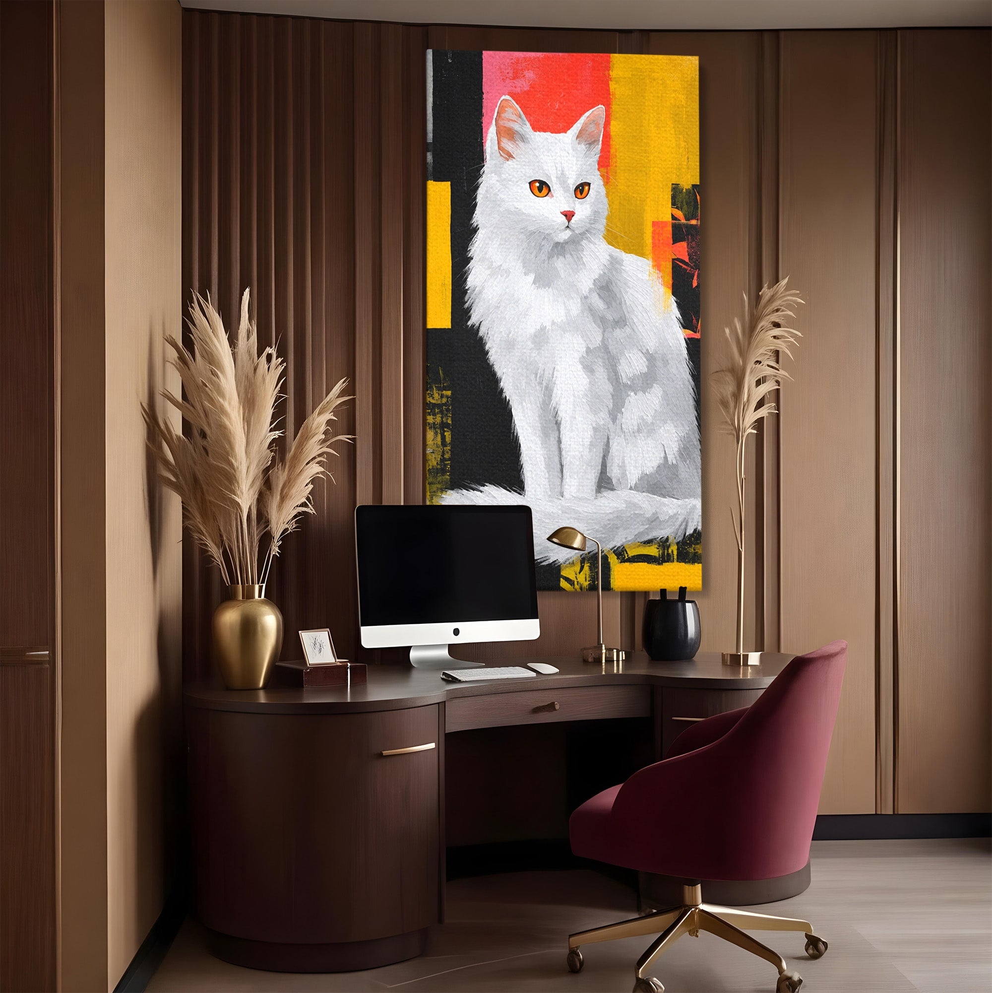 Tablou Canvas Premium LuxCanva® M1557, Grație în Alb, Pisica, Animale, Living, Arta Moderna, Culori Contrastante, Culori Vibrante