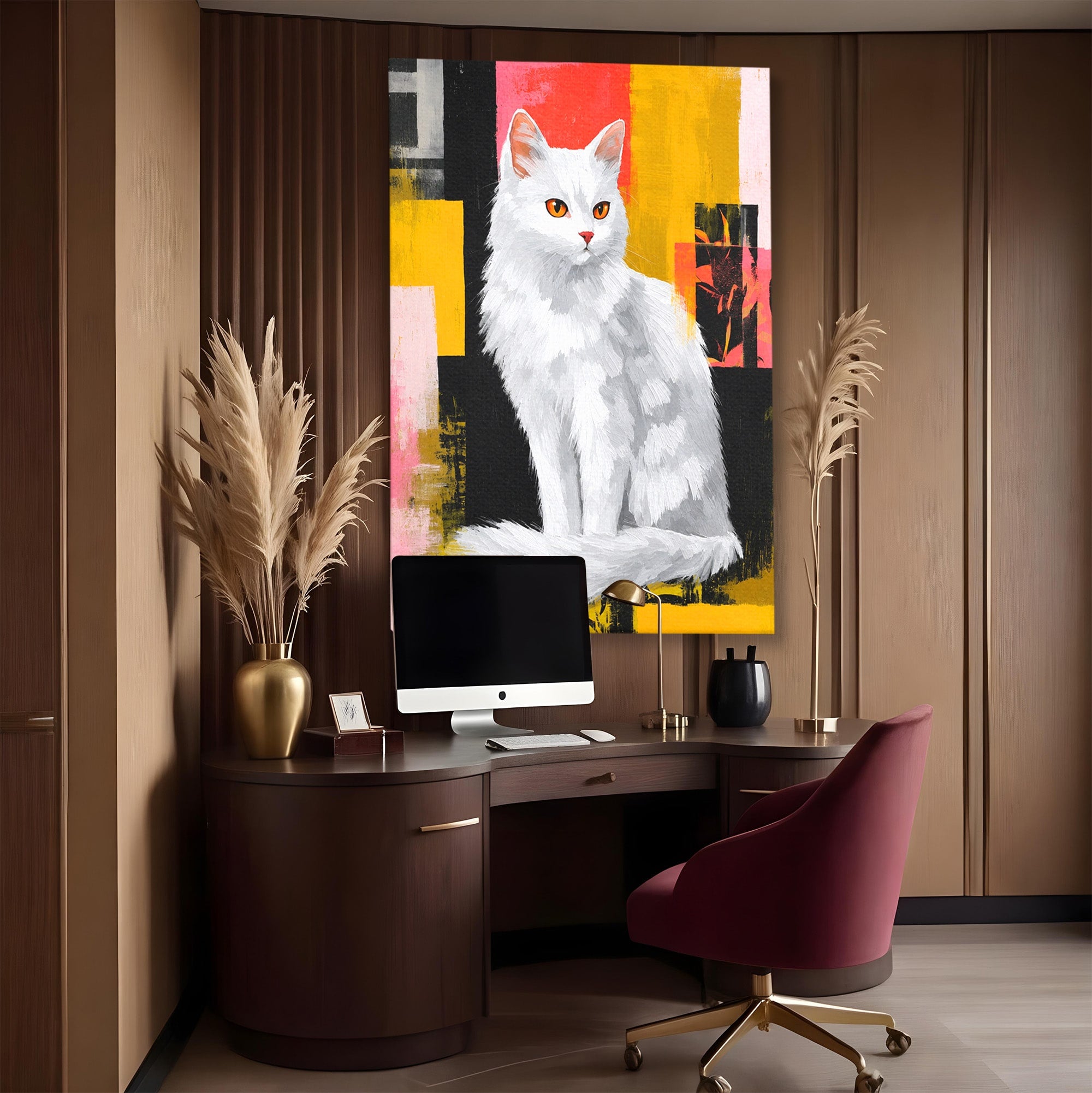Tablou Canvas Premium LuxCanva® M1557, Grație în Alb, Pisica, Animale, Living, Arta Moderna, Culori Contrastante, Culori Vibrante