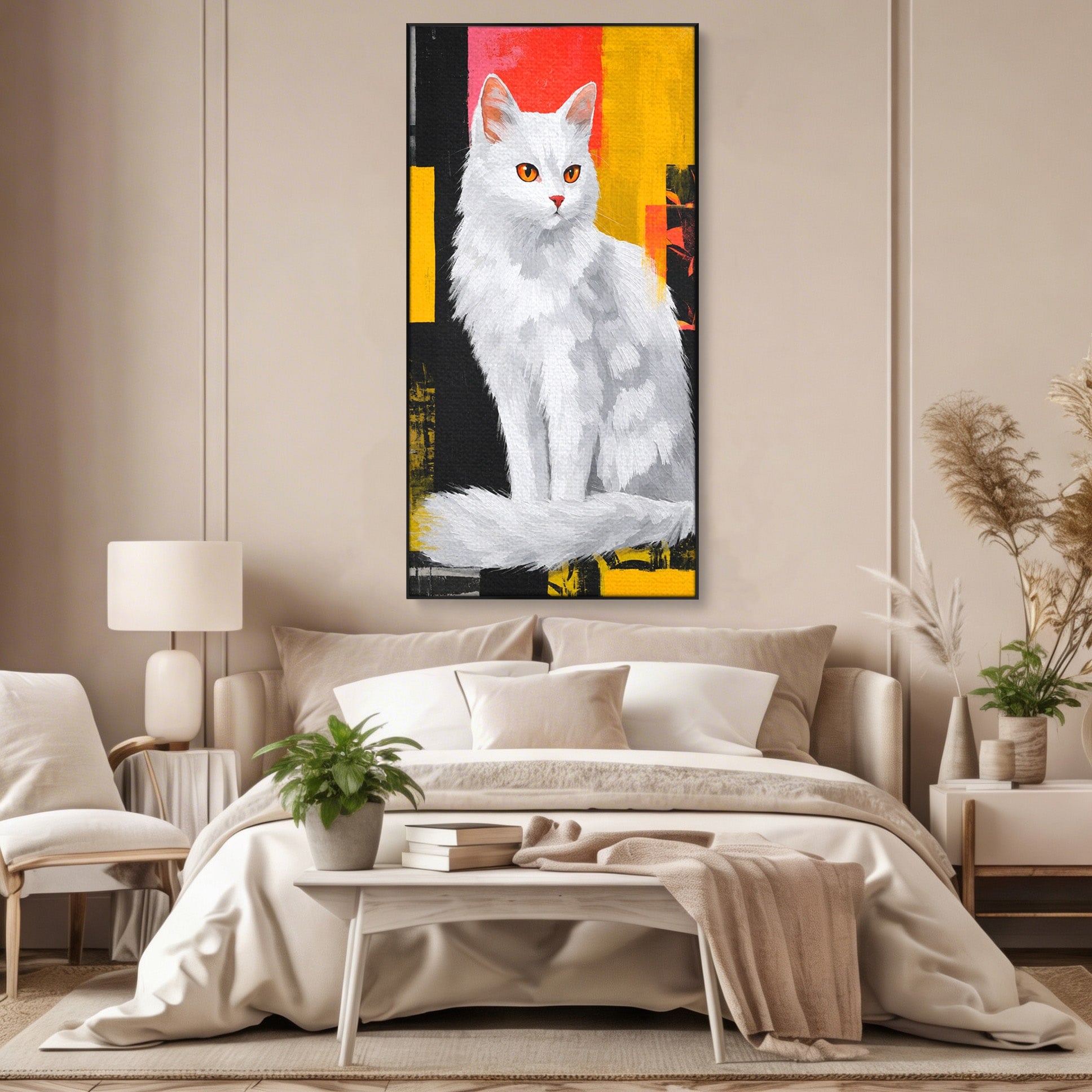 Tablou Canvas Premium LuxCanva® M1557, Grație în Alb, Pisica, Animale, Living, Arta Moderna, Culori Contrastante, Culori Vibrante