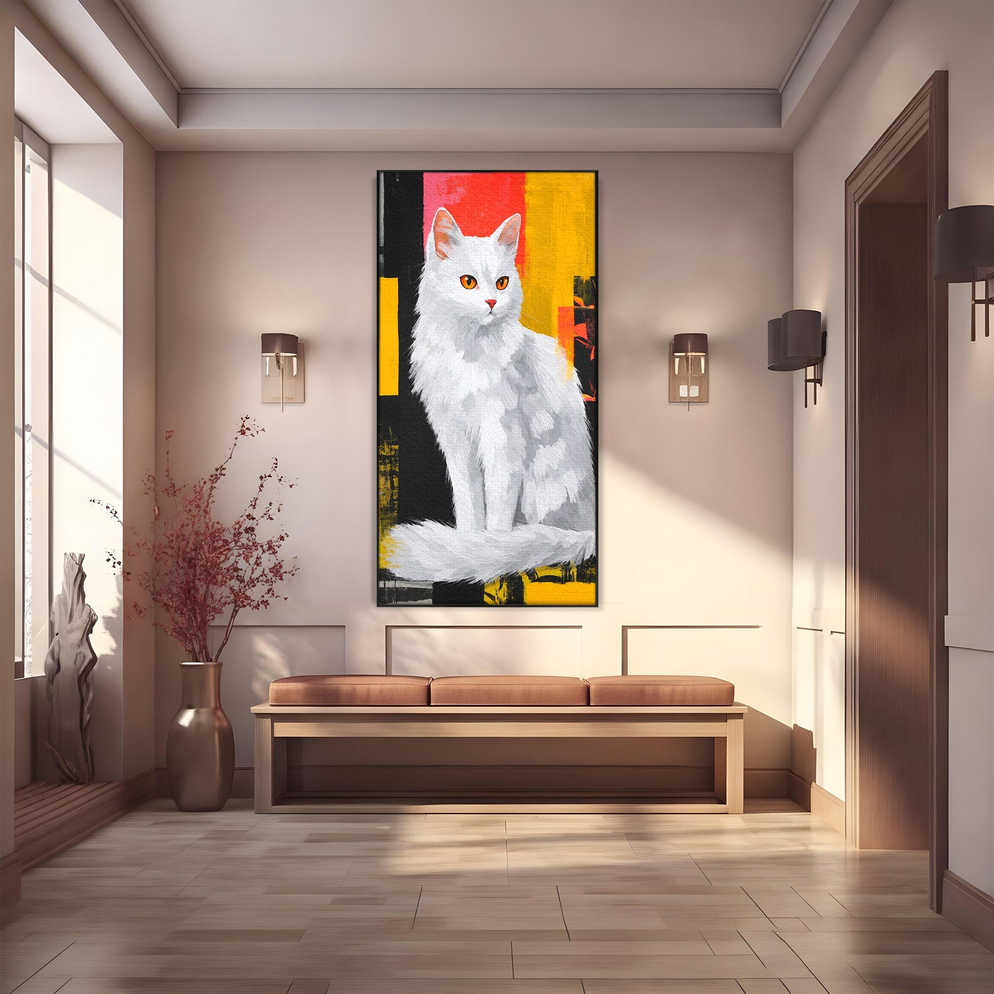 Tablou Canvas Premium LuxCanva® M1557, Grație în Alb, Pisica, Animale, Living, Arta Moderna, Culori Contrastante, Culori Vibrante