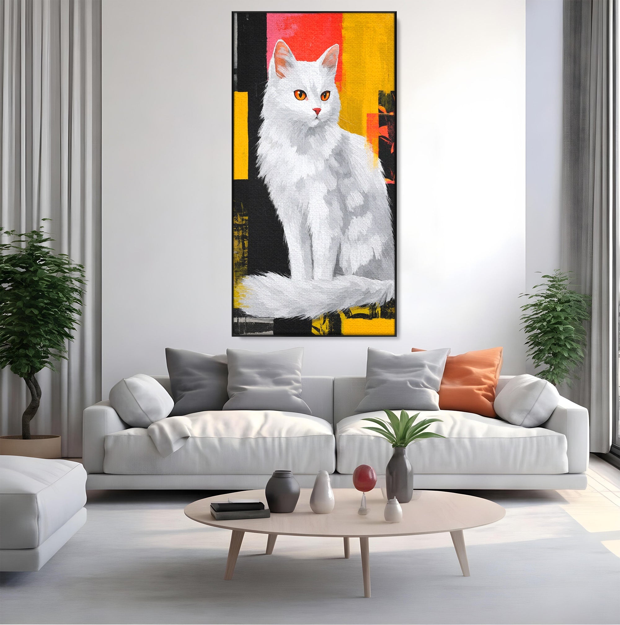 Tablou Canvas Premium LuxCanva® M1557, Grație în Alb, Pisica, Animale, Living, Arta Moderna, Culori Contrastante, Culori Vibrante