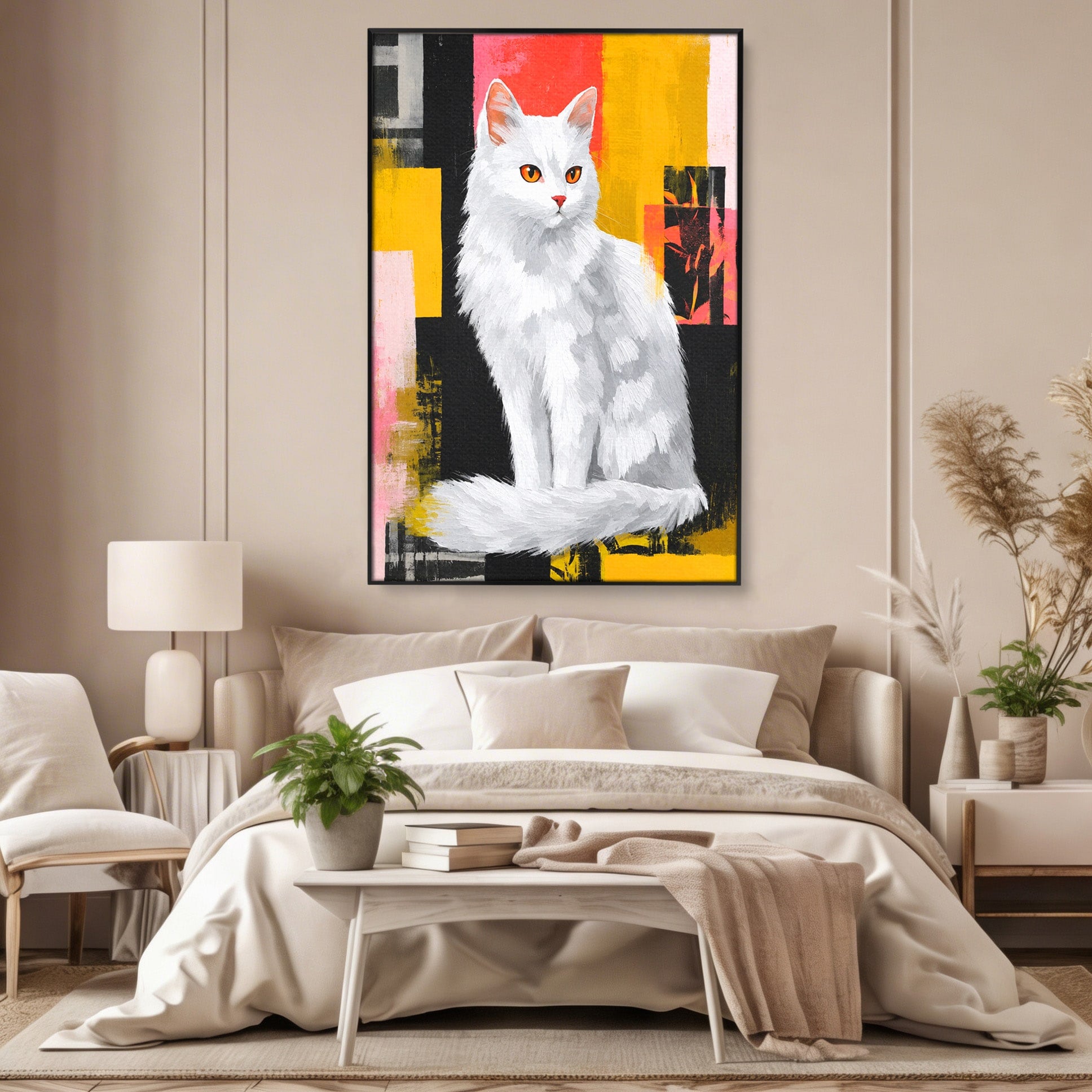 Tablou Canvas Premium LuxCanva® M1557, Grație în Alb, Pisica, Animale, Living, Arta Moderna, Culori Contrastante, Culori Vibrante