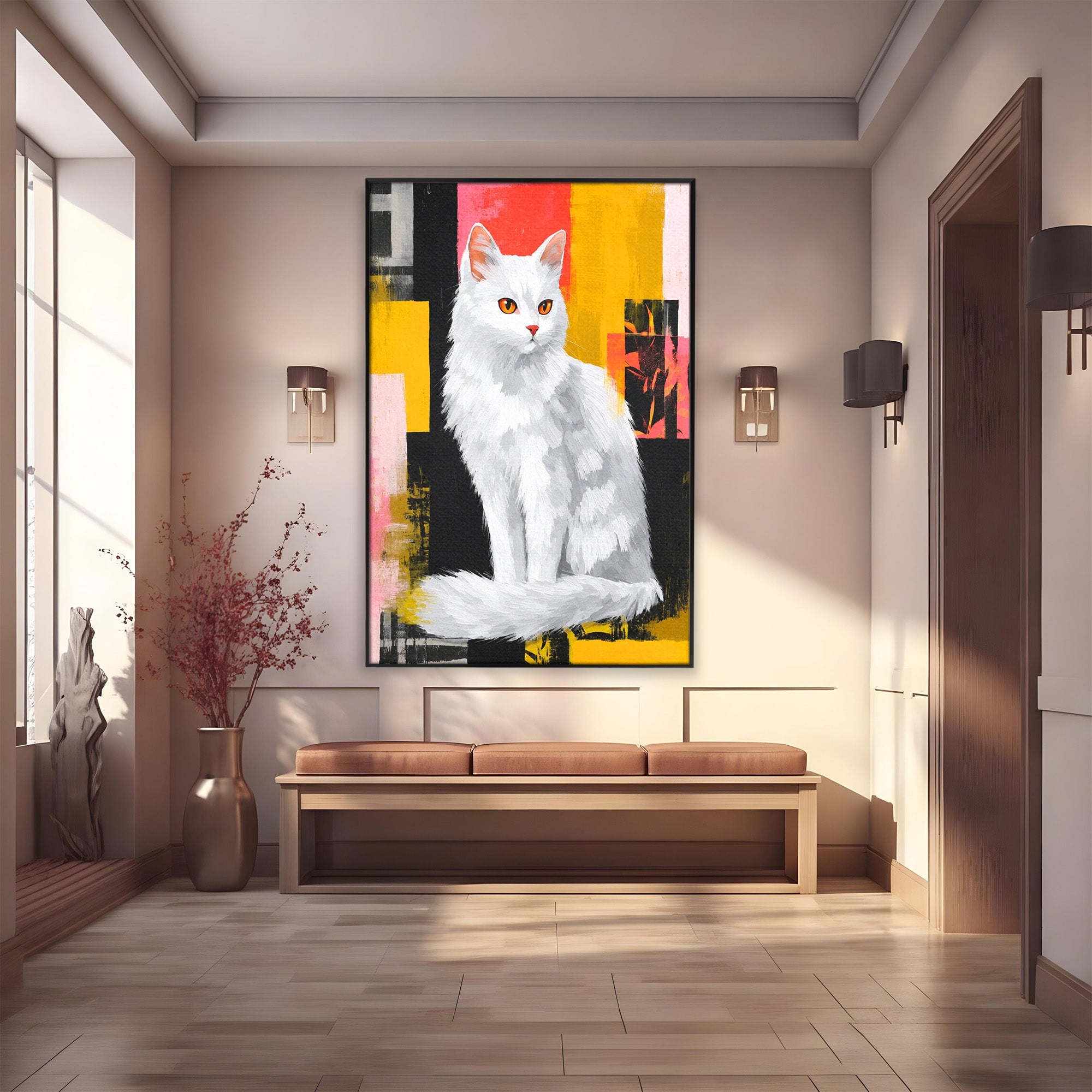 Tablou Canvas Premium LuxCanva® M1557, Grație în Alb, Pisica, Animale, Living, Arta Moderna, Culori Contrastante, Culori Vibrante