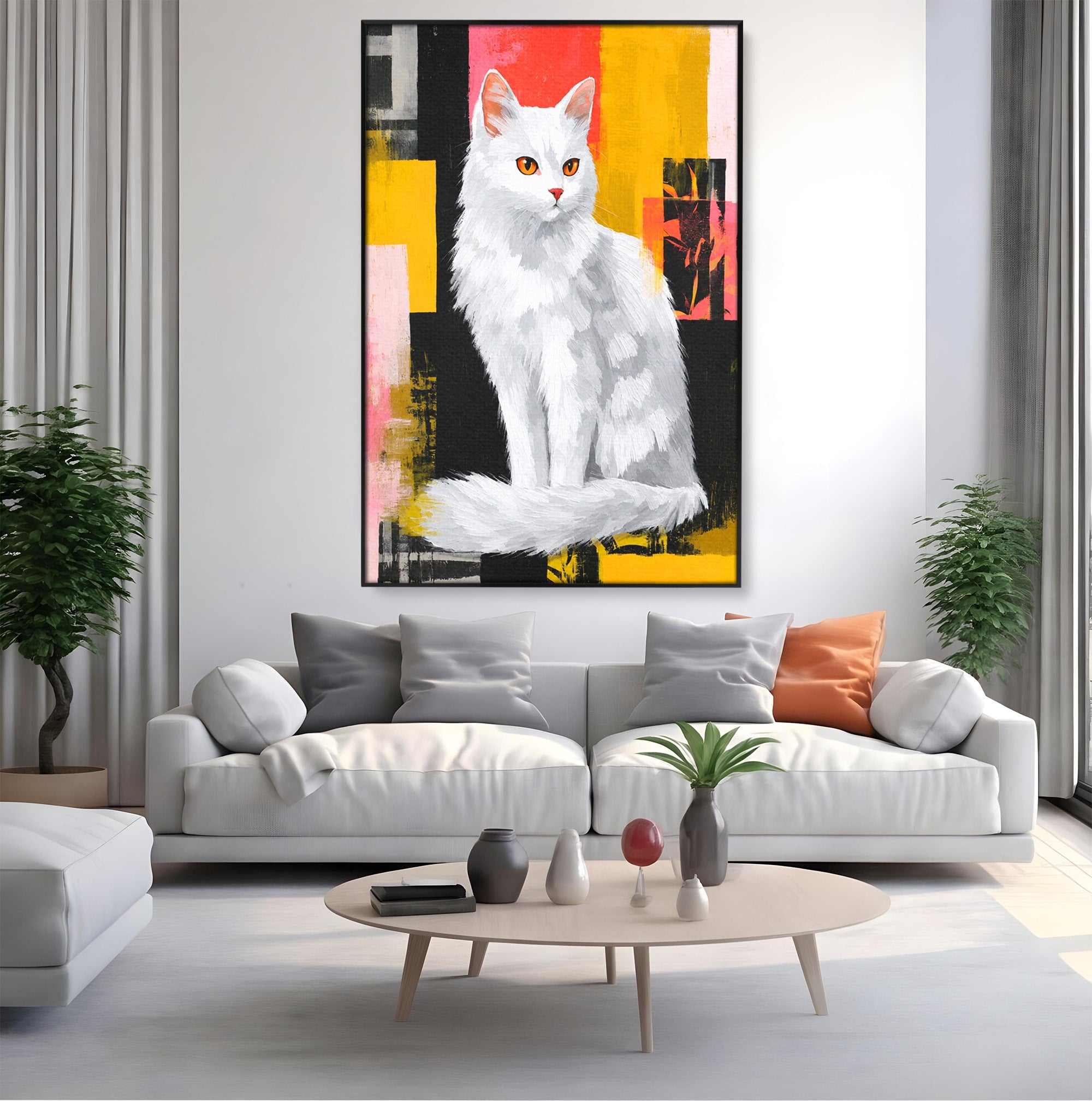 Tablou Canvas Premium LuxCanva® M1557, Grație în Alb, Pisica, Animale, Living, Arta Moderna, Culori Contrastante, Culori Vibrante