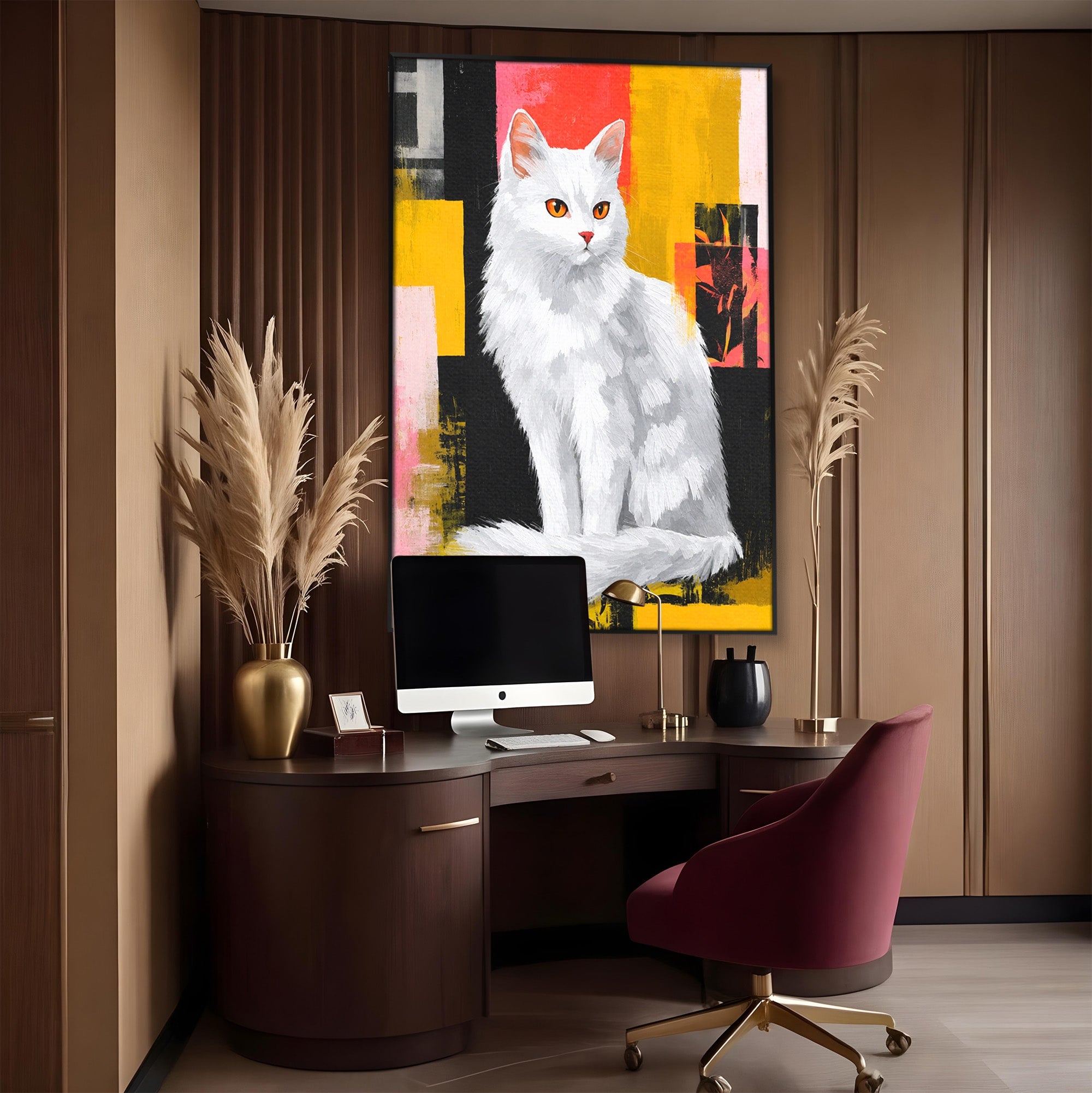 Tablou Canvas Premium LuxCanva® M1557, Grație în Alb, Pisica, Animale, Living, Arta Moderna, Culori Contrastante, Culori Vibrante