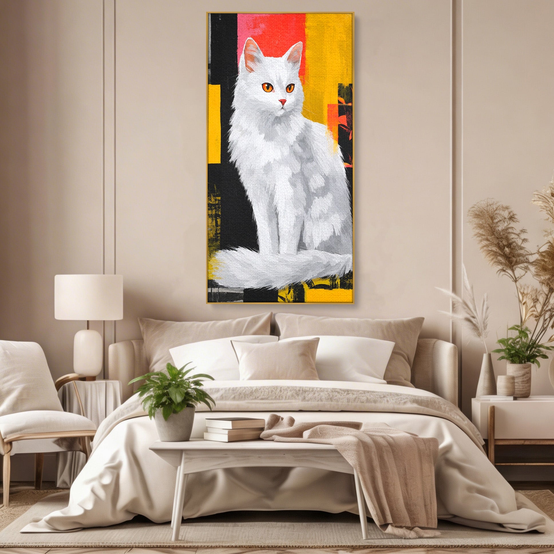 Tablou Canvas Premium LuxCanva® M1557, Grație în Alb, Pisica, Animale, Living, Arta Moderna, Culori Contrastante, Culori Vibrante